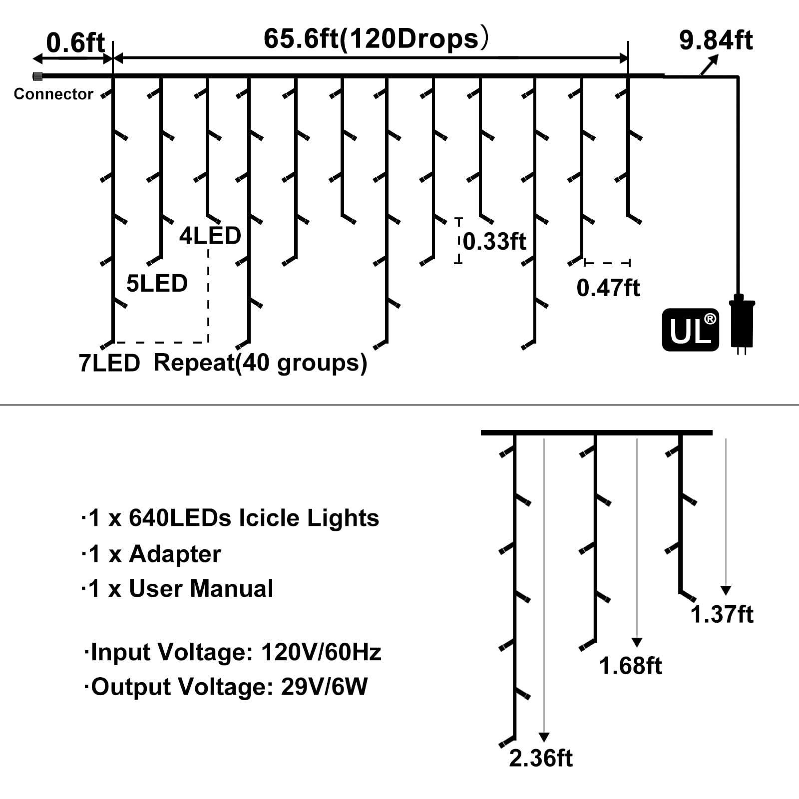 Nielfoi 66Ft Multicolor Led Icicle Lights, 640 Lights, Waterproof, 8 Modes For Holiday Decor