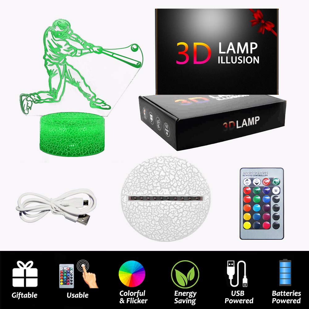 Baseball 3D Night Light Lamp Illusion Effect Lights Kids Bedroom Decor Sleep Help 16 Colors Optional & Dimmable By Ir Best Gifts