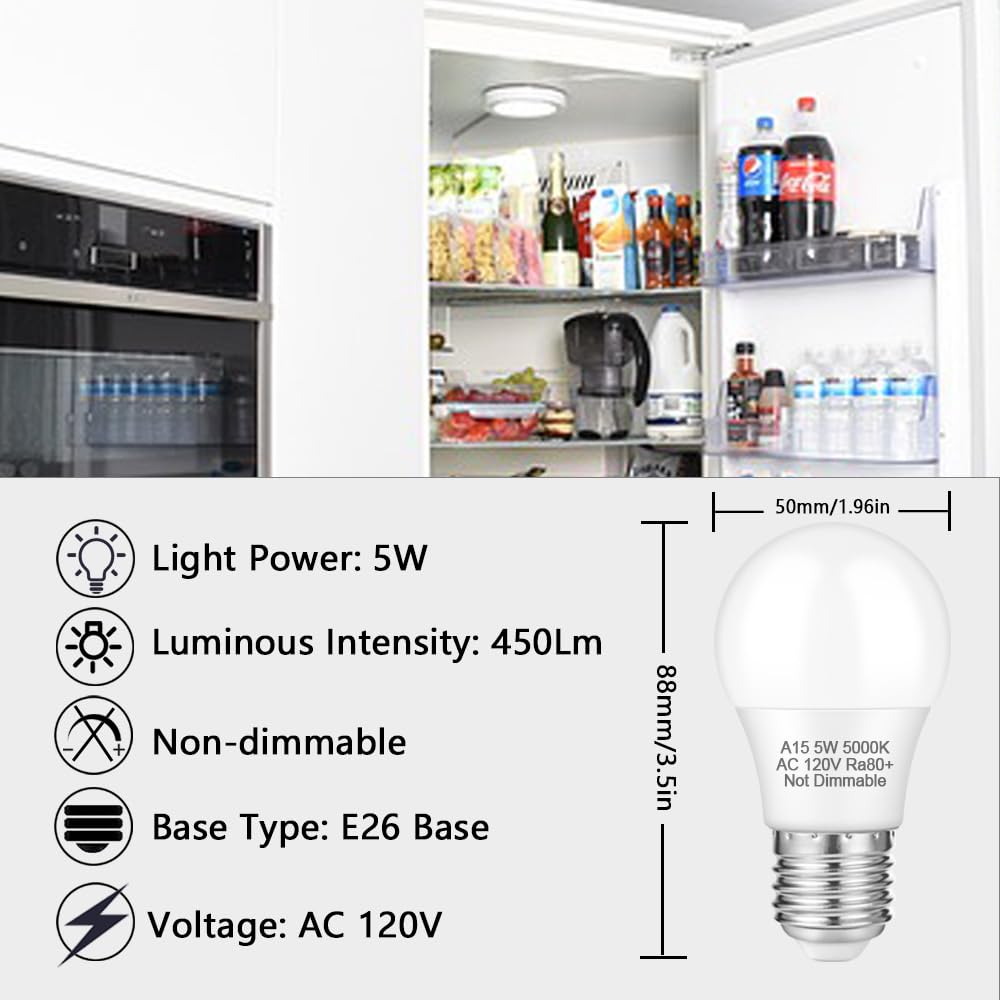 Neteha 12 Pack A15 5W 120V E26 Base Led Refrigerator Light Bulb, Non-Dimmable 50W Equivalent 5000K Daylight White Led Appliance