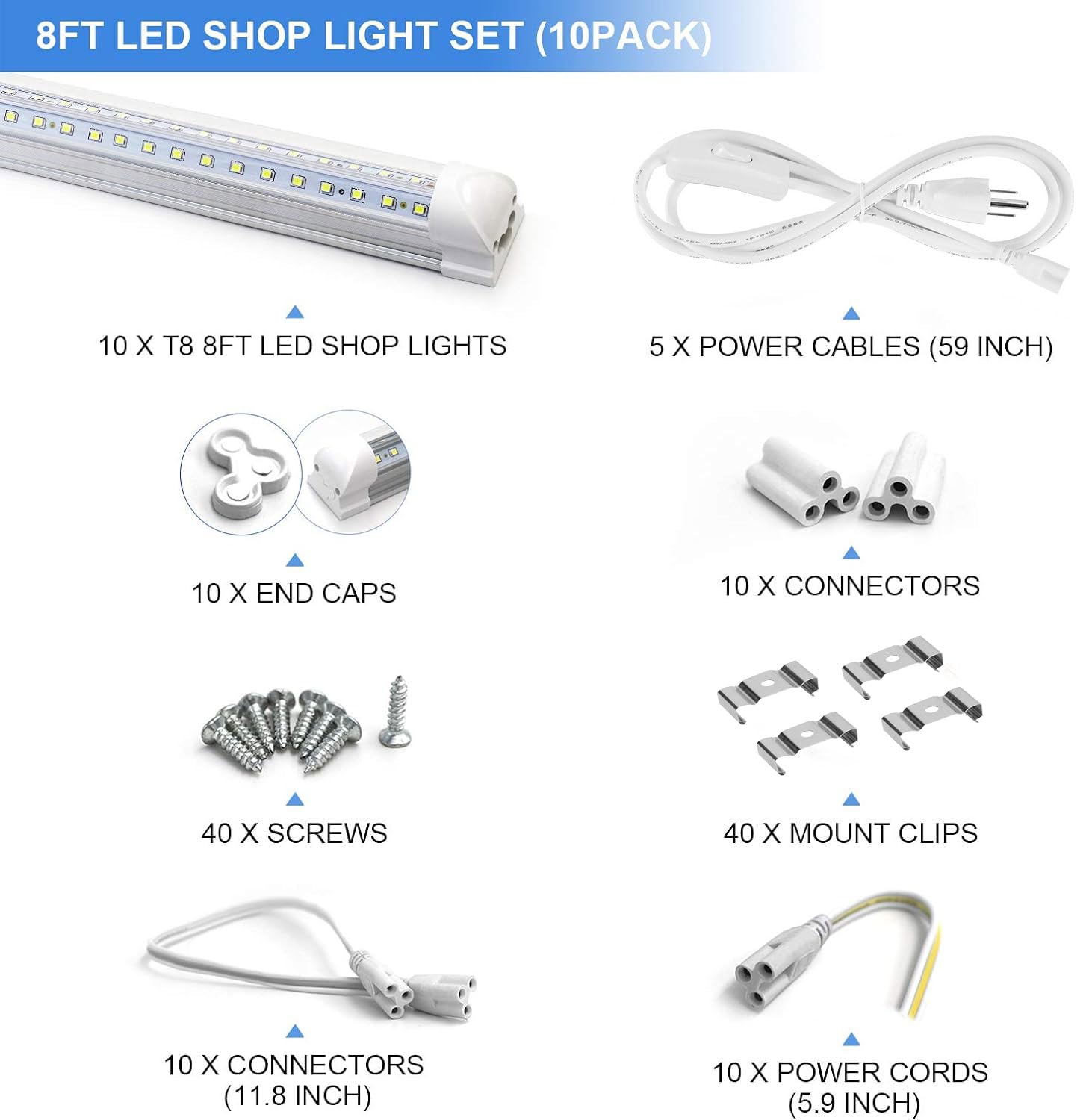 Phiwicsh 10Pack LED Shop Light Fixture, 90W V Shape, 6500K, 12000LM, 8Ft, Aluminum, Model MHX-8FTYTV