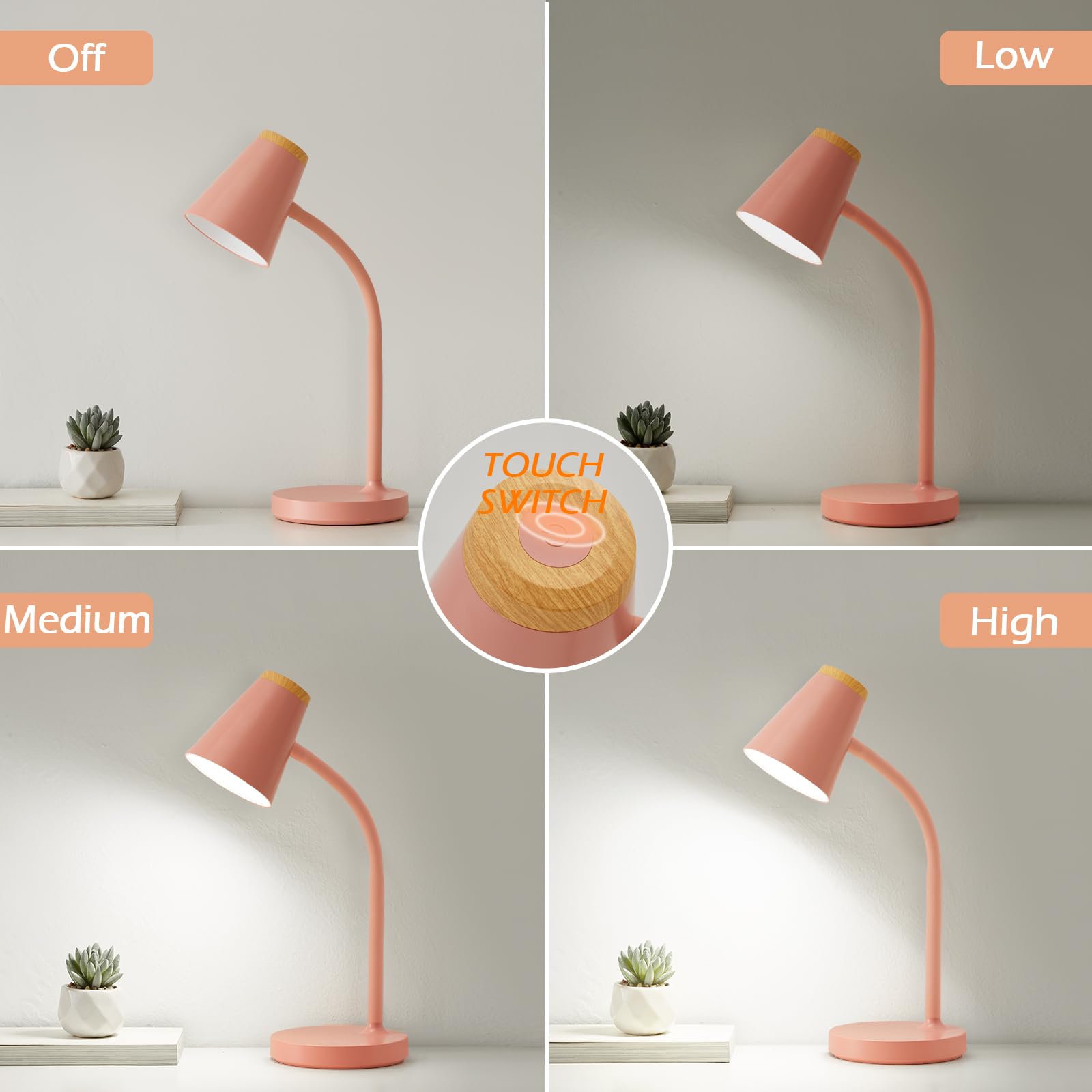 EJIAXIN LED Desk Lamp - Touch Dimmable, Adjustable Gooseneck, Pink, Model 0438