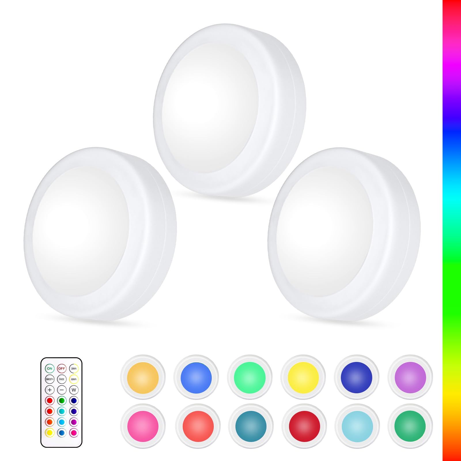 Yiliaw Led Puck Lights, Remote Control, Aa Battery Operated, 3 Pack, White, Model Y-Cgd-W-5-3, Ideal For Under Cabinet Lighting