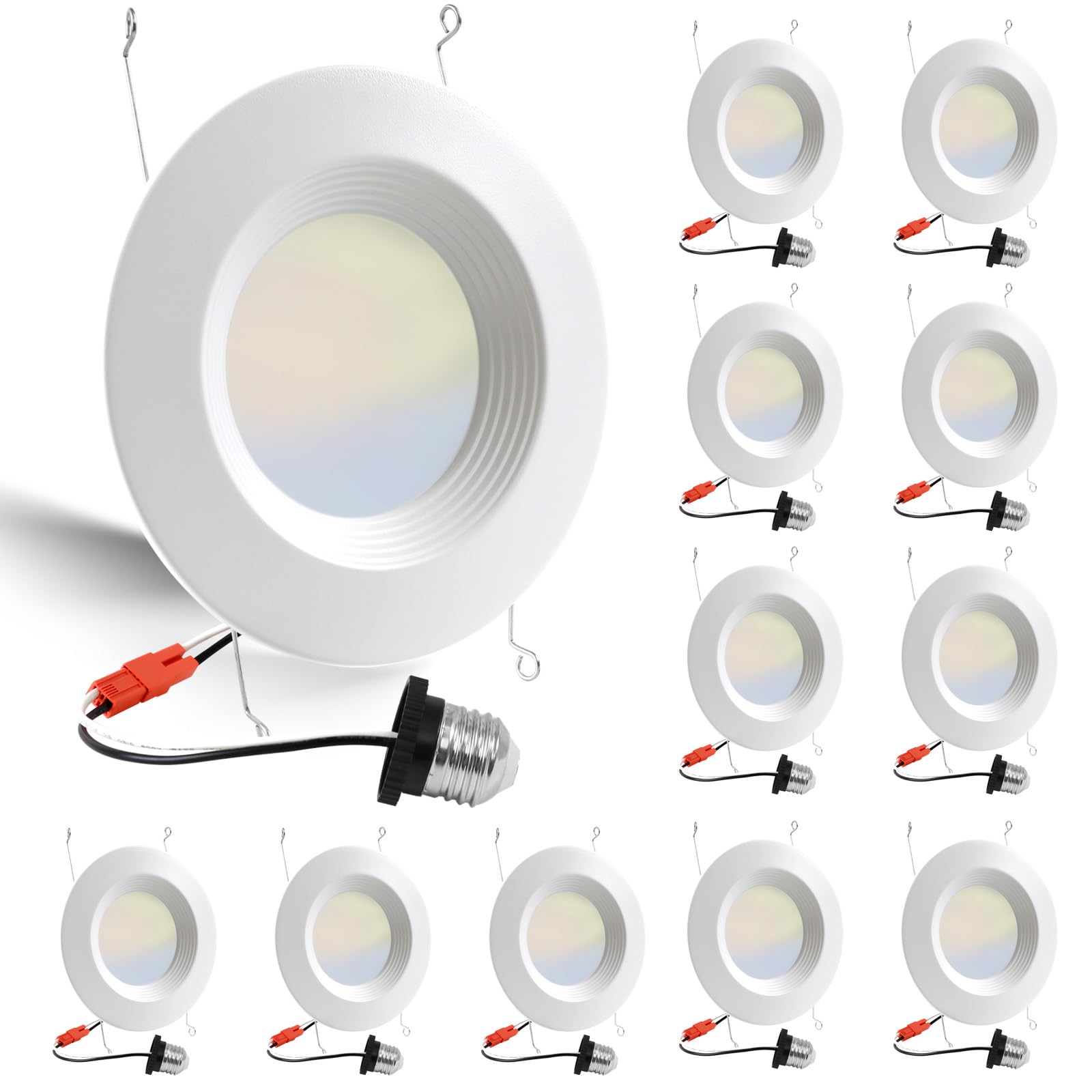 12 Pack 5/6 Inch 5Cct Led Recessed Light Retrofit, 2700K/3000K/4000K/5000K/6500K Selectable Downlight, Dimmable Can Lights With Metal Baffle Trim, Cri 90, 10.5W=85W, E26 Base, Ic & Wet Rated, Etl&Fcc