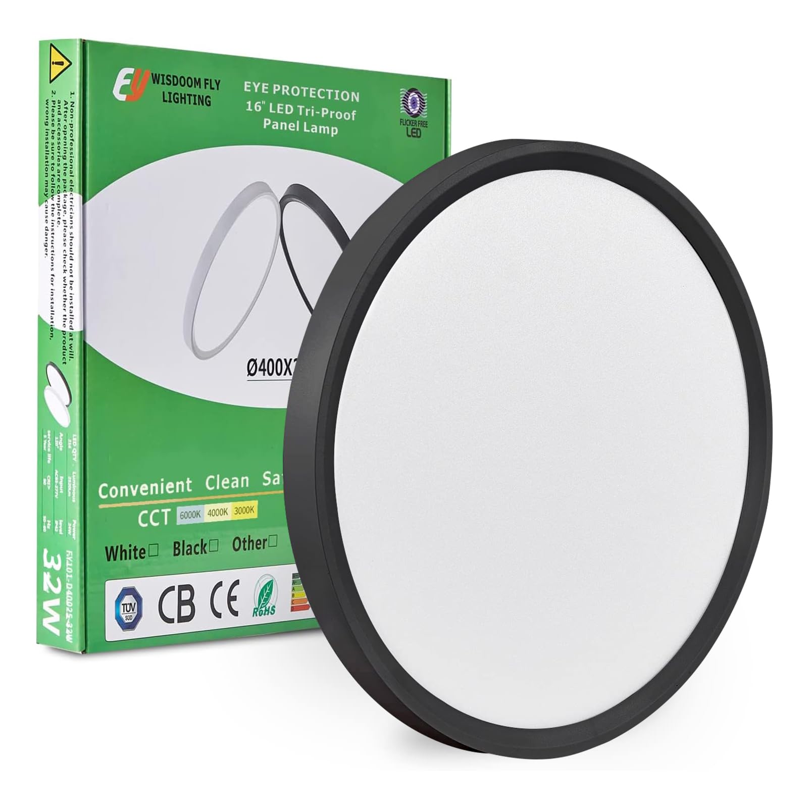 15.8 Inch Black Led Flush Mount Ceiling Light, 32W, 3480Lm, 3000K/4000K/6000K Cct Selectable, Round Flat Panel Light Low Profile Ceiling Light Fitures For Hallway, Kitchen, Bedroom, Laundry Room