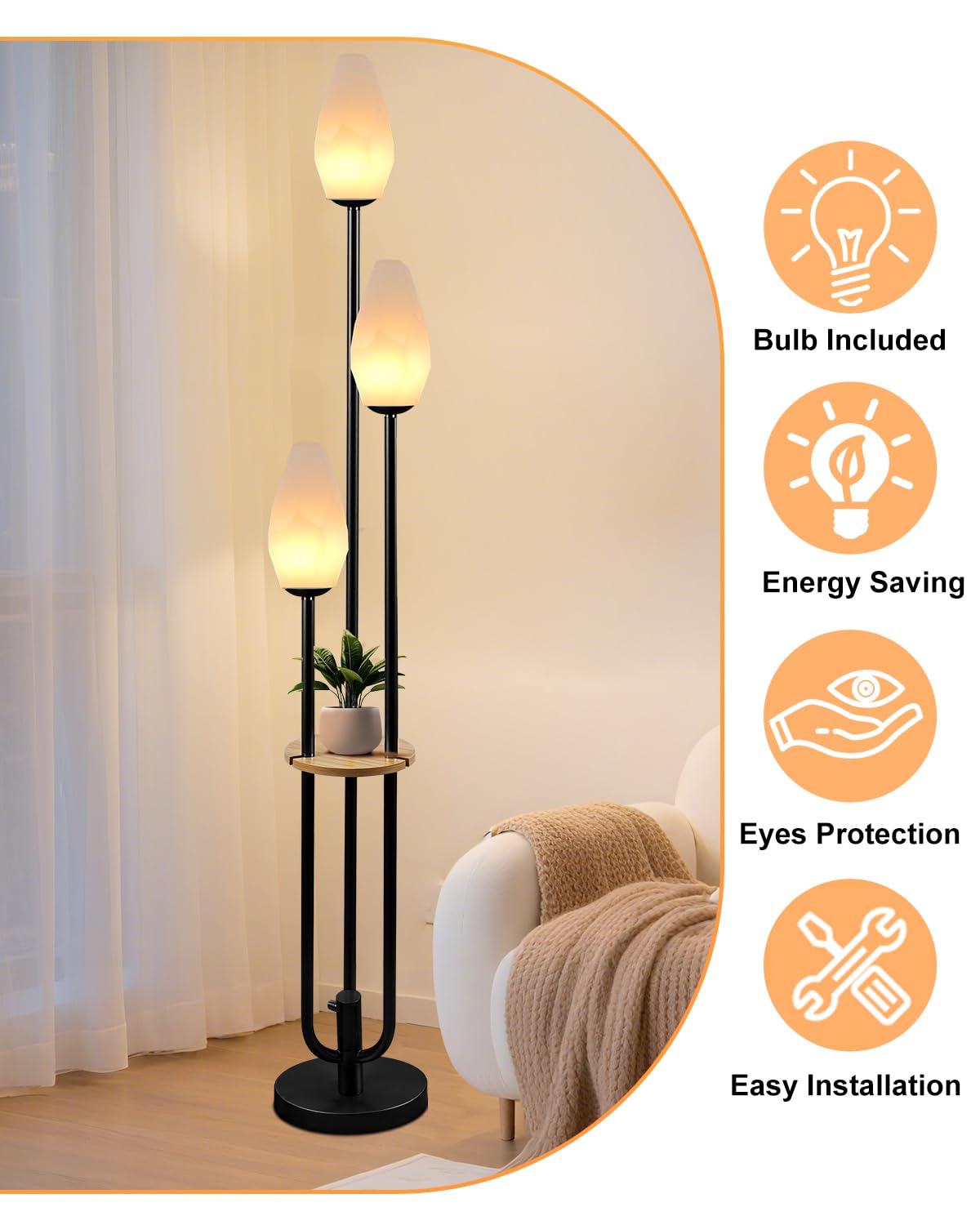 Lightdot Dimmable Floor Lamp with Table, 63in, Metal, Oval-Black, 3-Lights, Model LFLL
