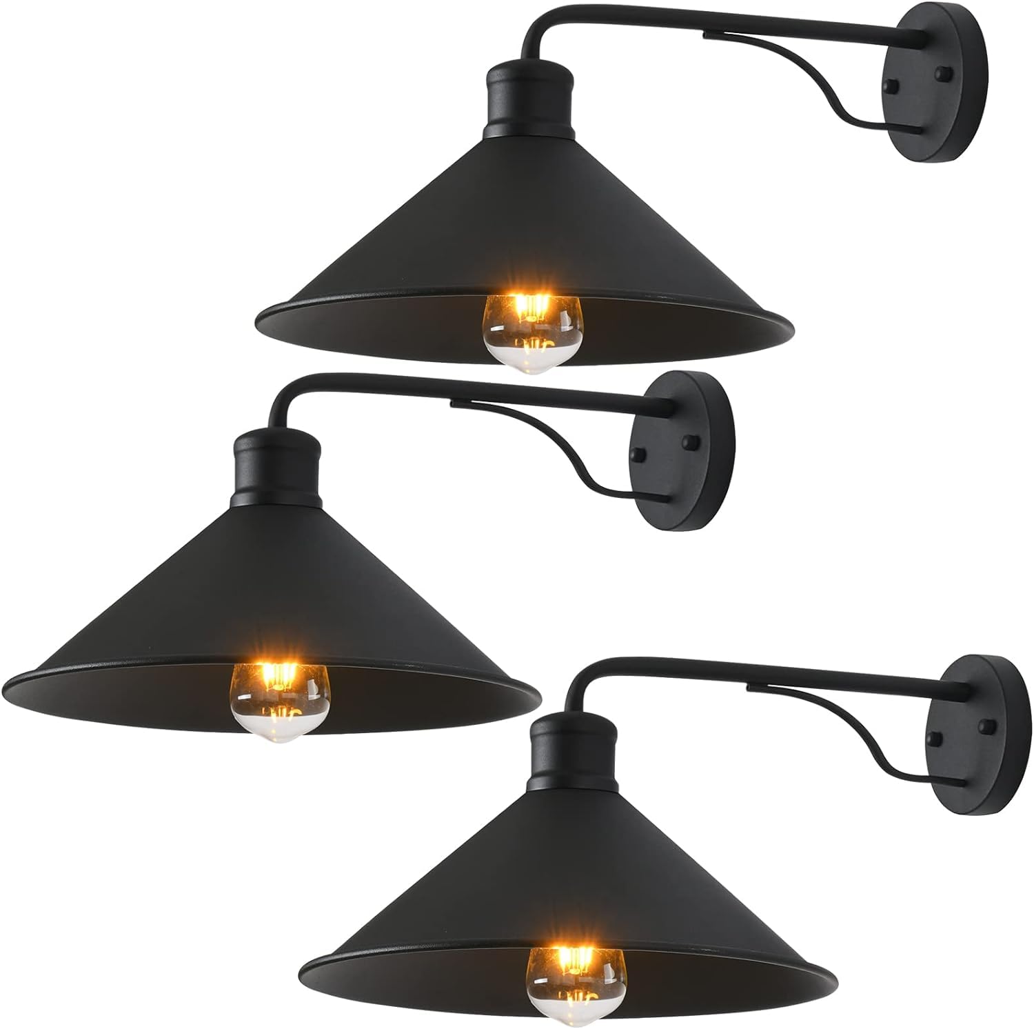 VICTOGATE 3 Pack Matte Black Outdoor Wall Lights, Metal Fixtures, 12in E26 Barn Lights for Porch, Entryway, Garage