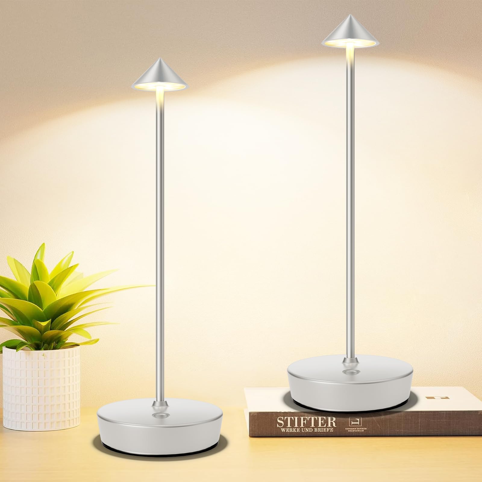 Tpczqj Rechargeable Cordless Table Lamp Set of 2, 6000mAh LED, Touch 3 Color Dimming, 13in H x 4in W x 
