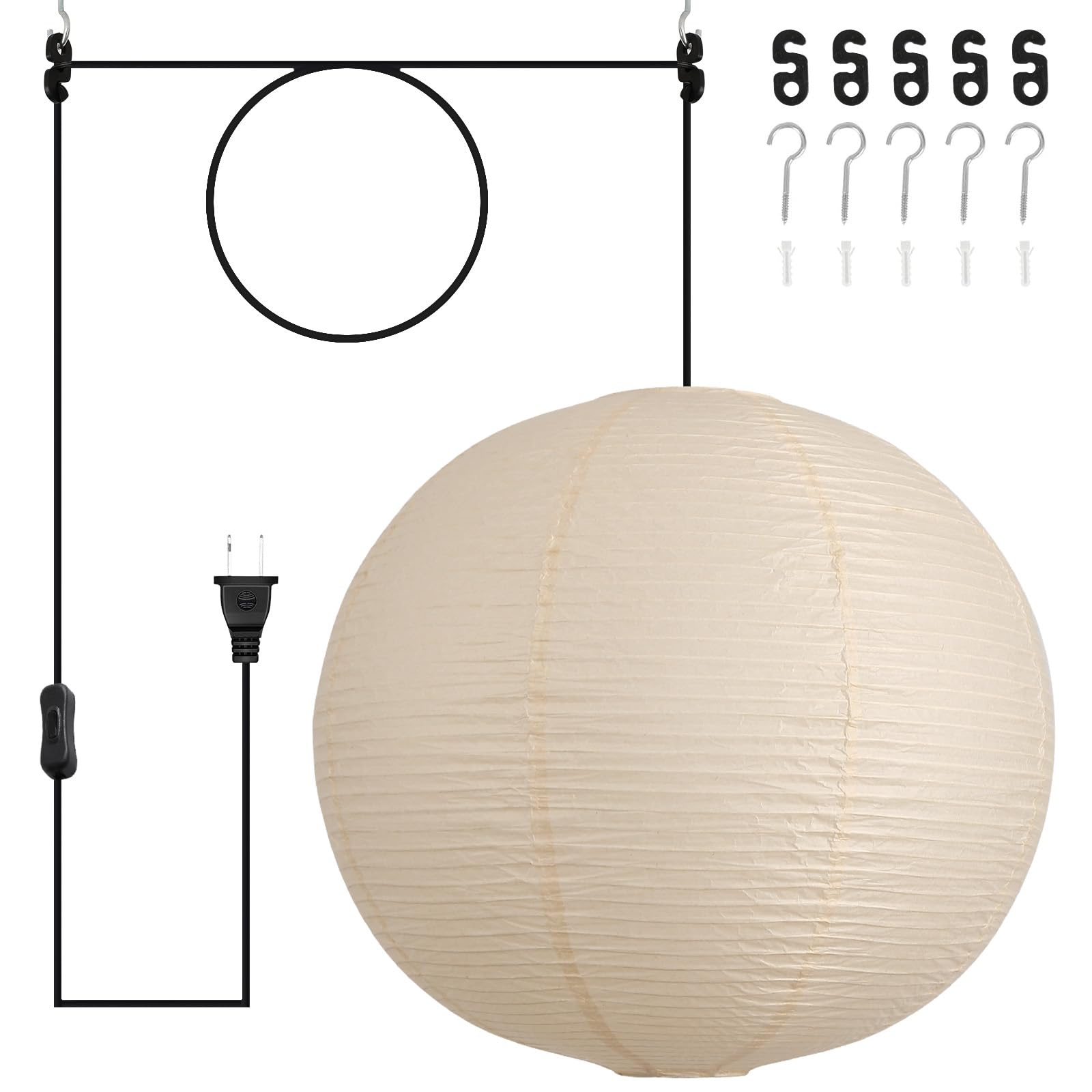 Fivemengo Paper Lantern Lamp Plug in Hanging Lamp 23.6in Off-White Rice Paper Pendant Light with 19.7FT Cord Large Globe Japanes