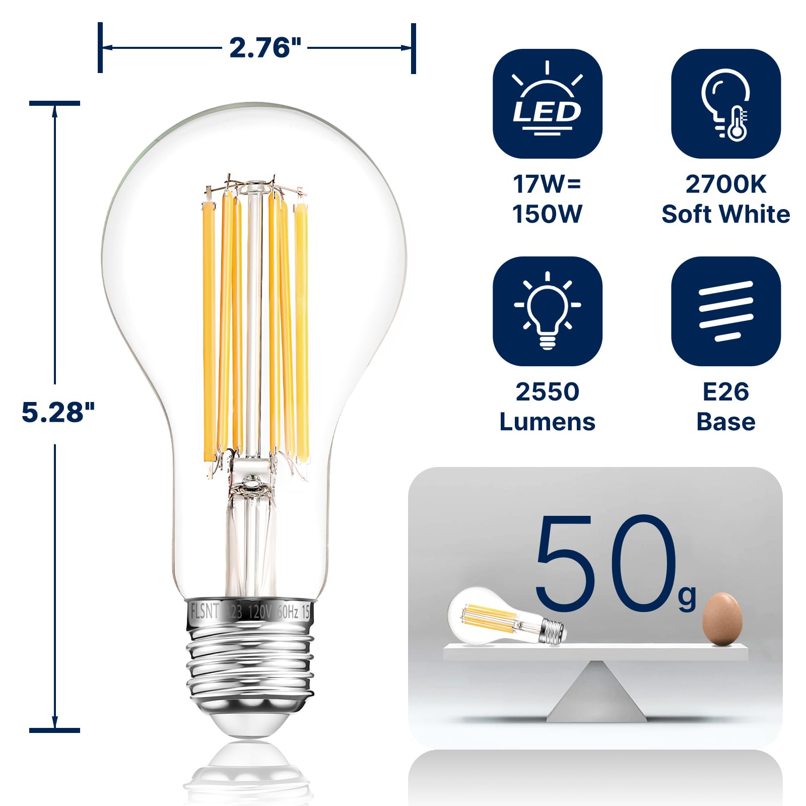 FLSNT A23 LED Light Bulbs, 150W Equivalent, 17W, 2550 Lumens, 2700K Soft White, Clear Glass, 4 Pack, Non-D
