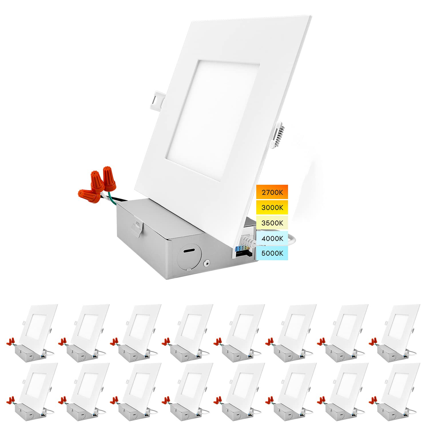LUXRITE 16 Pack 6 Inch Ultra Thin Square Recessed Lighting - 5 Color Options, Dimmable LED Downlight, 12W, IC & Wet Rated, 1000 