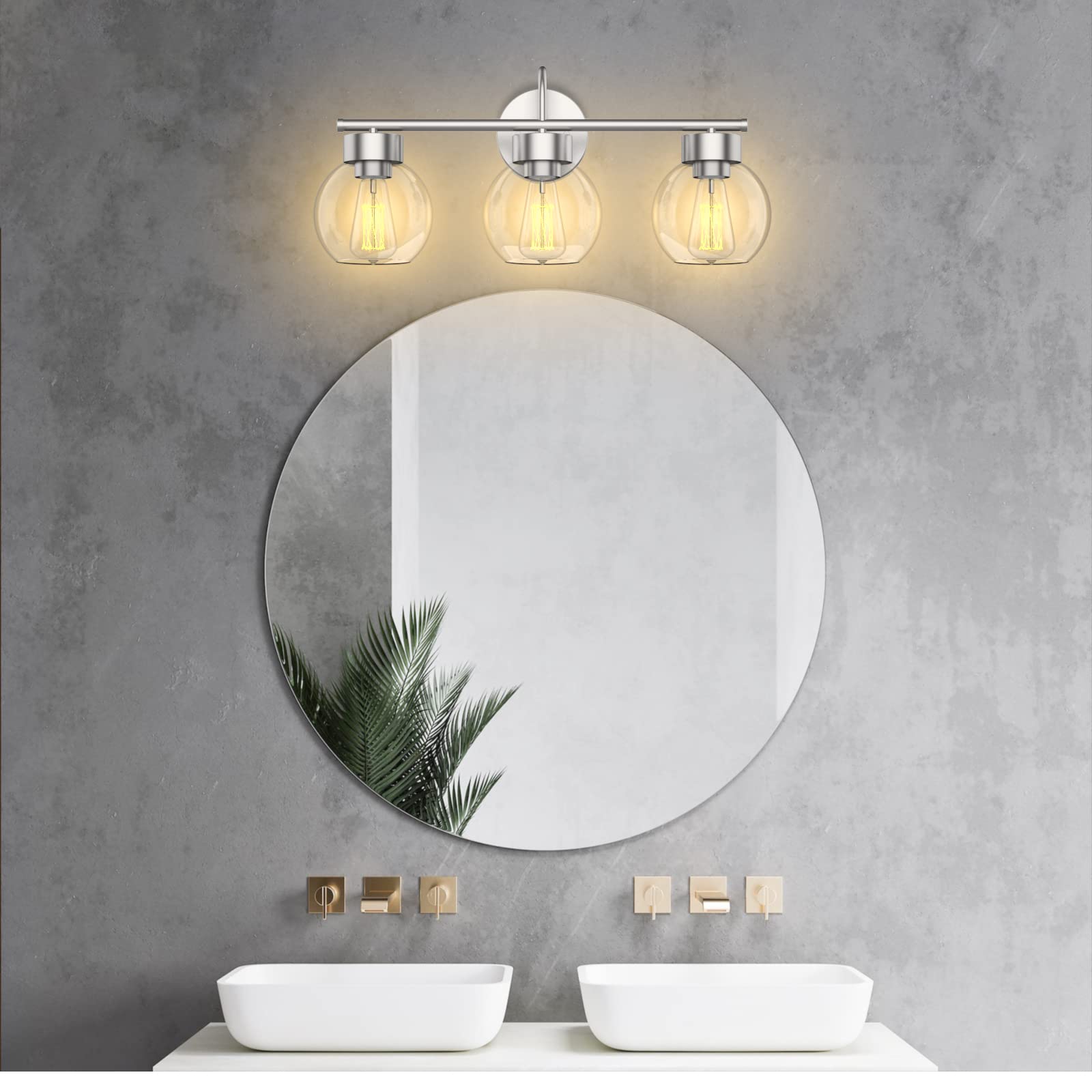 EAPUDUN 3 Light Bathroom Vanity Light, Brushed Nickel, Aluminum, Clear Glass Shade, Model WLA1435-BNK
