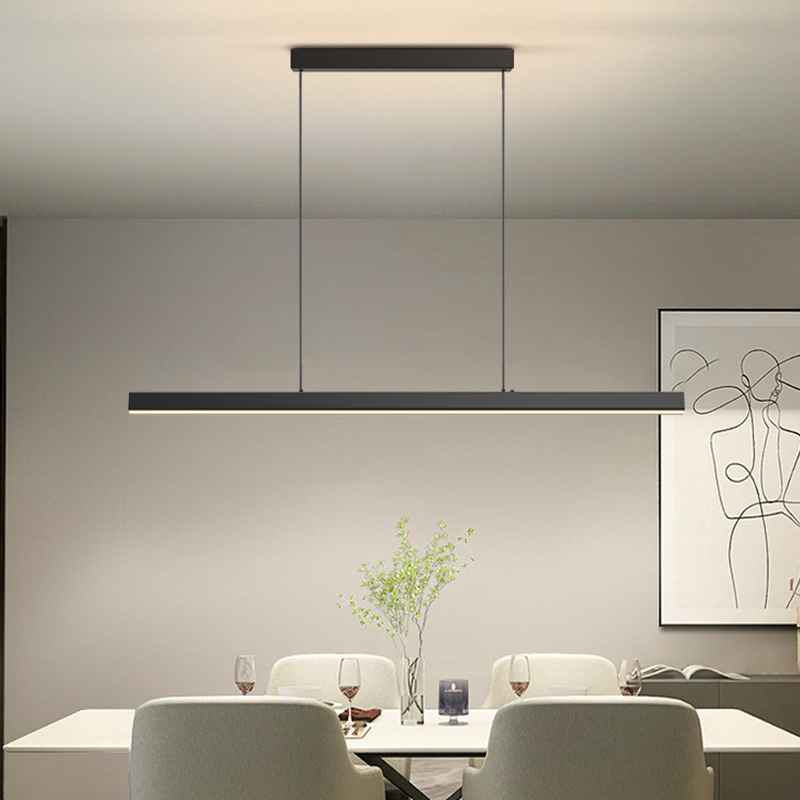 Zihoi Modern Ceiling Pendant Light 57In Led Black Linear Ceiling Chandelier Light Dining Room Living Room Warm & Cool  Neutral Light Aluminum Island Lighting Hanging Pendant Light For Kitchen