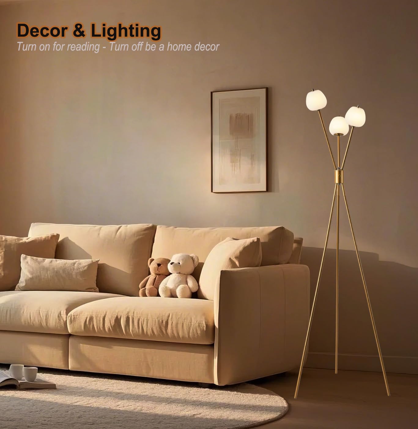 Fiqevs Dimmable Tripod Floor Lamp For Living Room, Globe Mid Century Modern Floor Lamp With 3 Sphere Frosted Ball And Led Bulbs