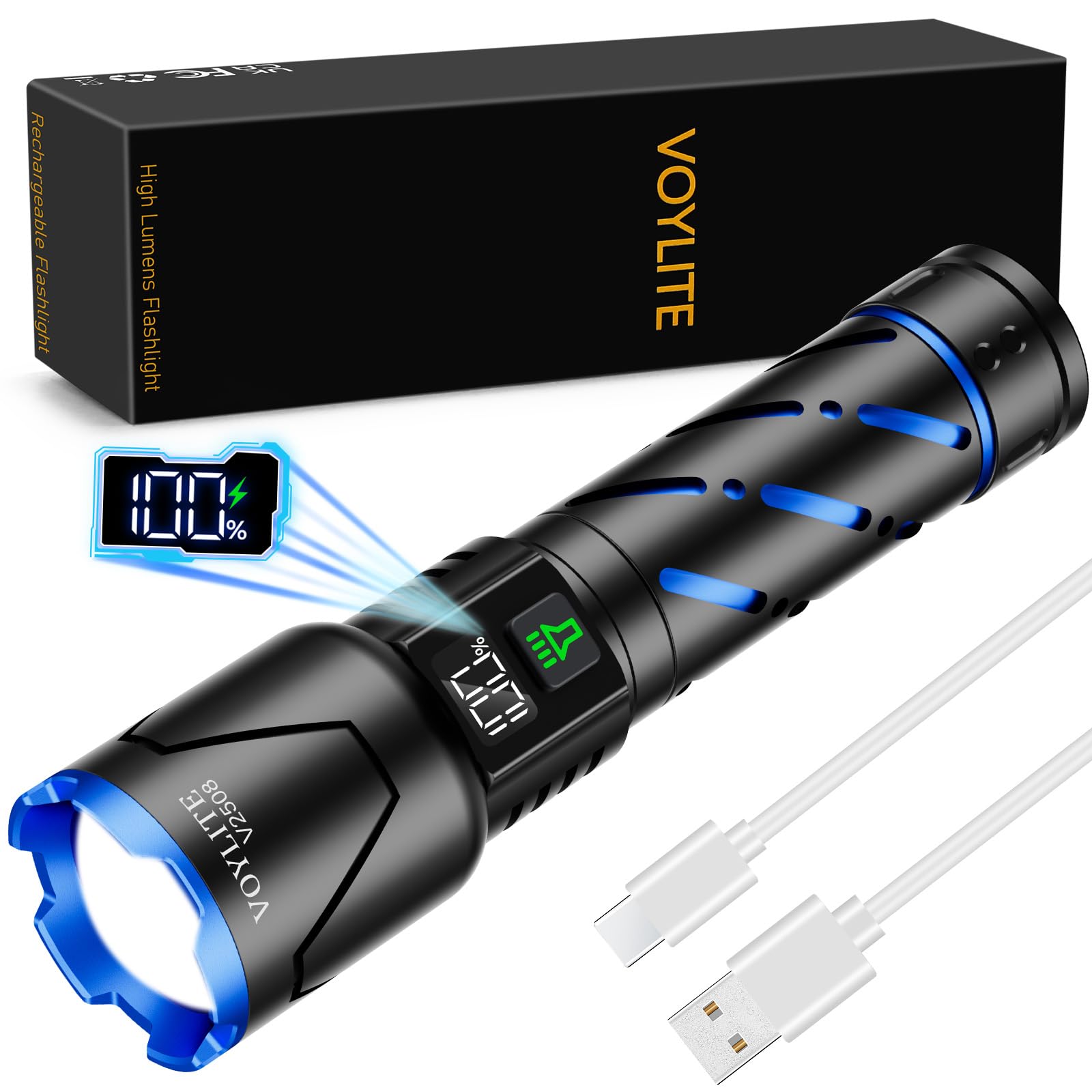Voylite Rechargeable Flashlight 10000 LM, 5000mAh Battery, LCD Display, Zoomable, IP67 Waterproof, Black, Model V2508