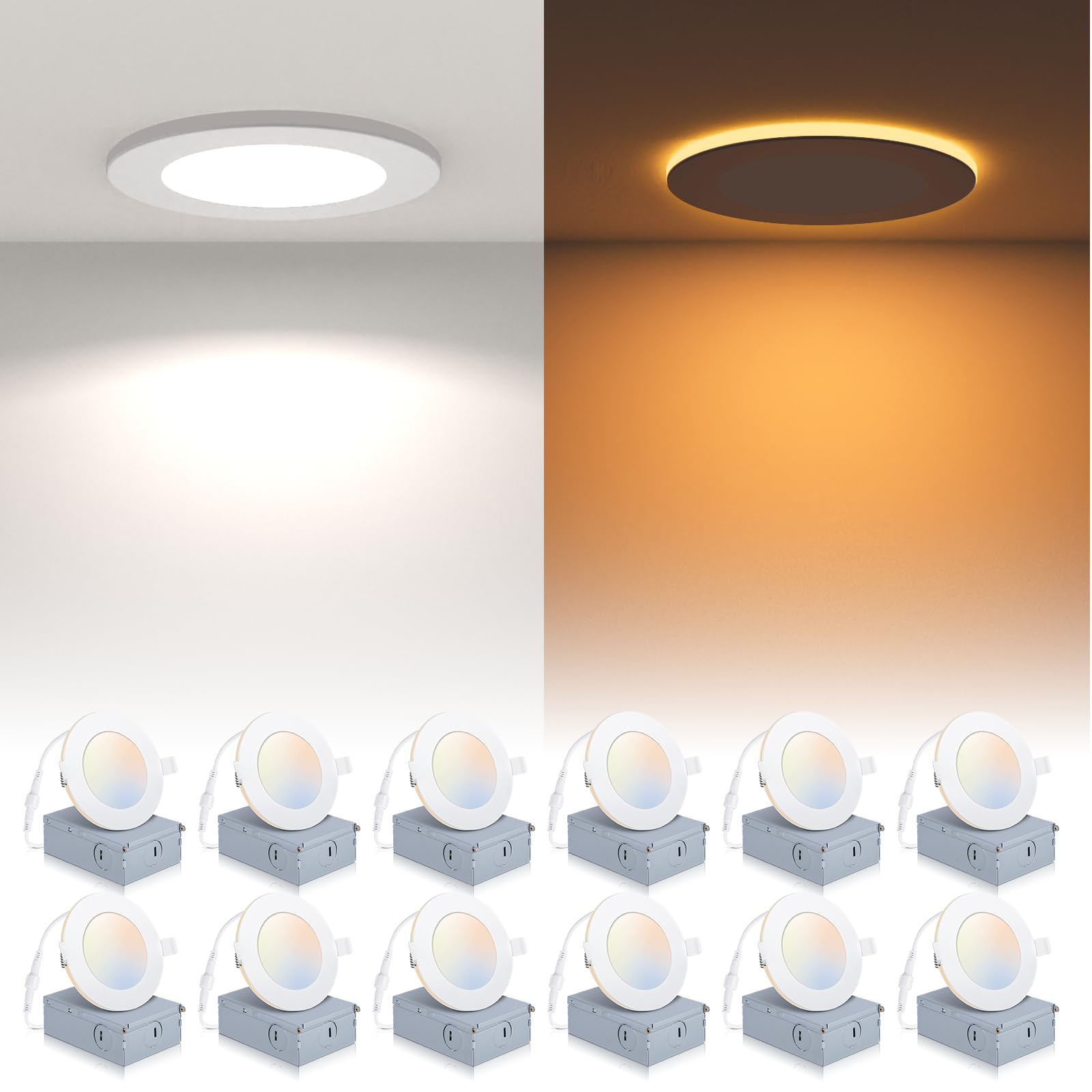 12 Pack Recessed Lighting 4 Inch With Night Light, 4 Inch Led Recessed Lights 5Cct Dimmable 2700K/3000K/4000K/5000K/6000K, 9W 700Lm Ultra Thin Recessed Lighting - Etl And Energy Star Certified