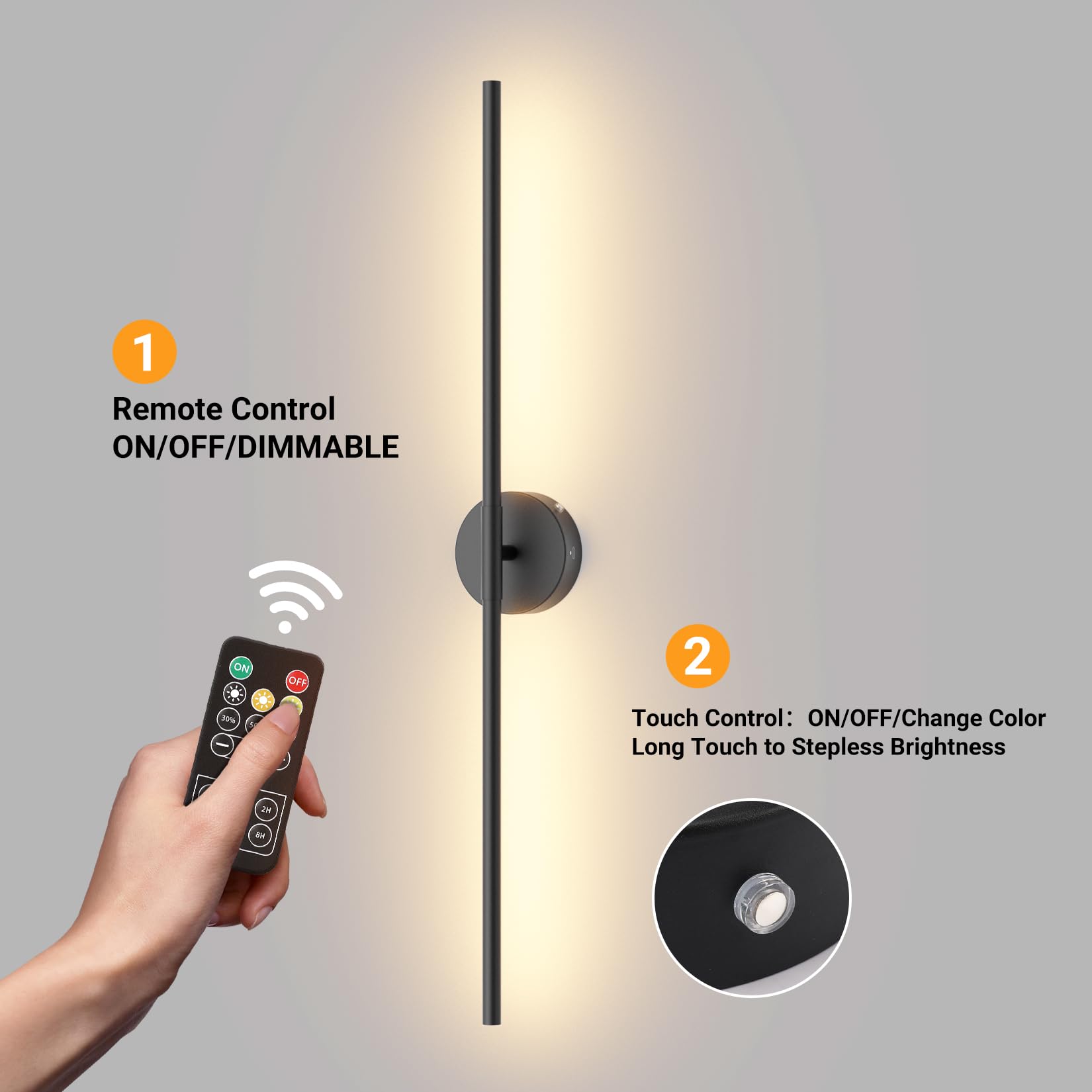 Tipace Battery Operated Wall Sconces Set of 2, Dimmable Remote Control, 32.7 Inch, 3000K-6000K, Black, Model GW9825