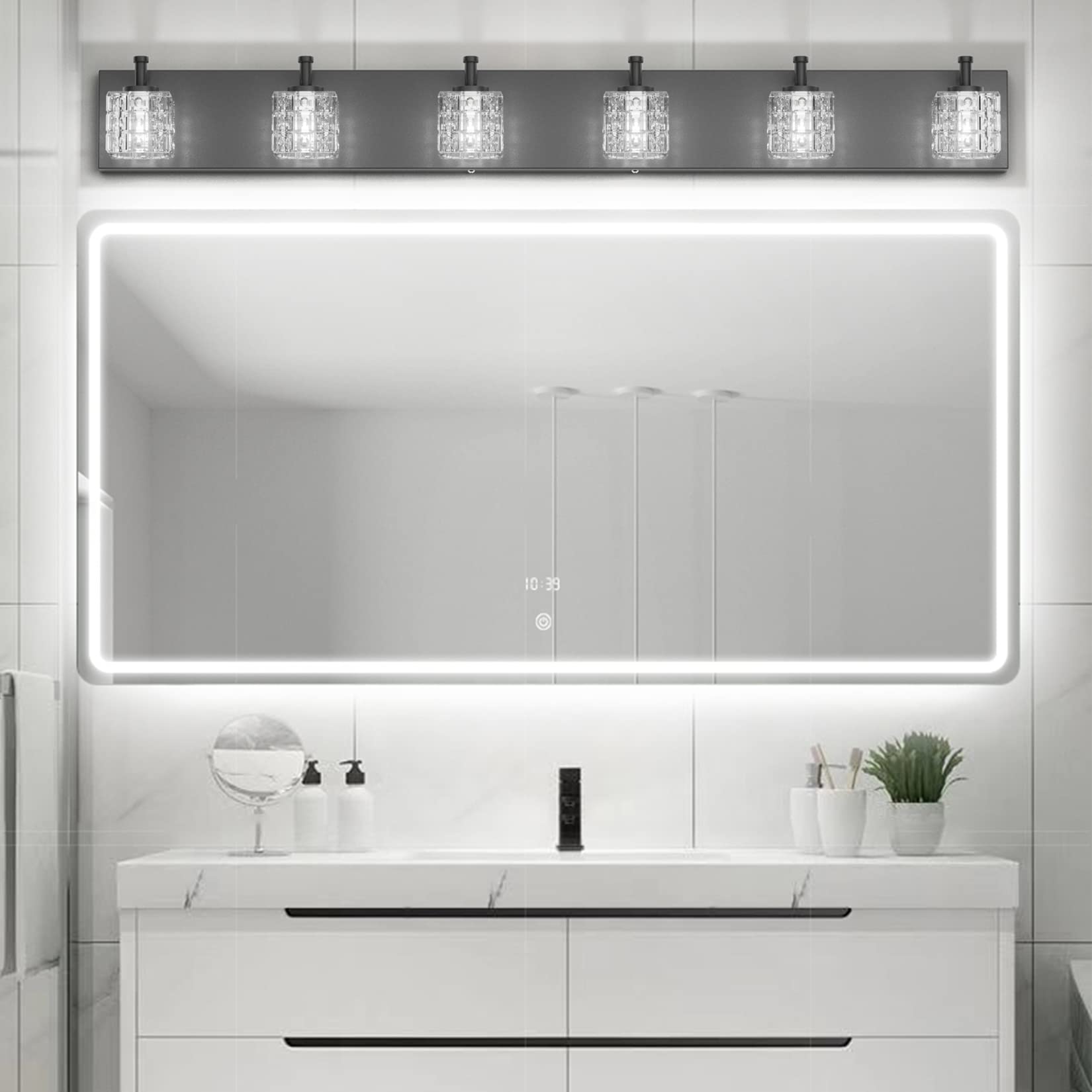 Ralbay 6-Light Black Bathroom Vanity Light, Modern Crystal LED, 40 inch, Matte Black, Model 9822ralbay