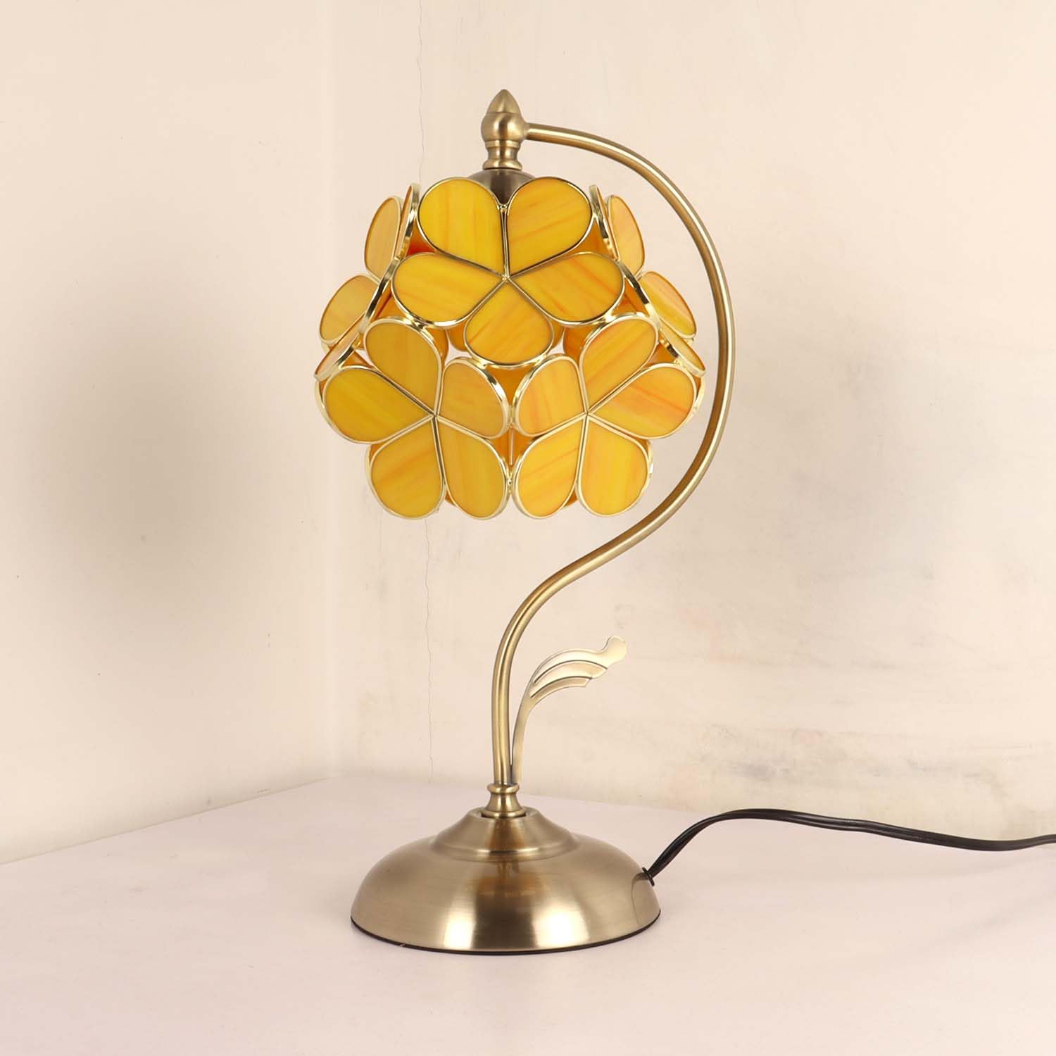 Bieye L10910 Tiffany Style Stained Glass Flower Petal Table Lamp With Brass Base For Home D  Cor (Yellow Orange, 8'' Cherry Blos
