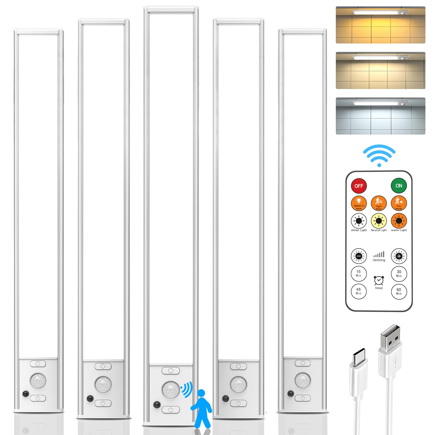 Under Cabinet Lighting with Remote, 12 Motion Sensor Light Indoor, Rechargeable LED Closet Light Wireless, 3 Color Temps & Dimma