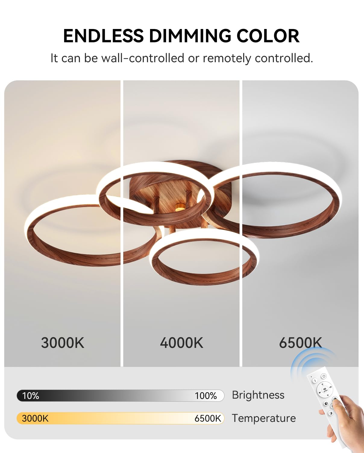 Miss Lighting Dimmable LED Semi Flush Mount Light Fixture 3-Color Dimming 4 Ring Wood Model MT05