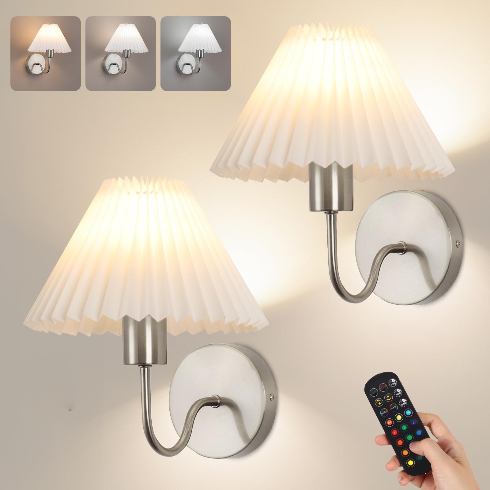 Wireless Wall Sconce Sets of 2, Pleated Shades Rechargeable Battery Operated Wall Sconce, Retro gooseneck Brushed Nickel Bathroo