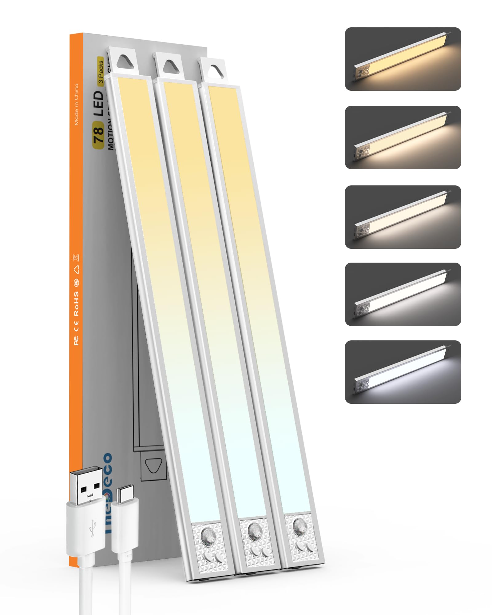16 Inch Under Cabinet Lighting, 3Pack 5CCT Dimmable Closet Lights, Motion Sensor LED Lights of Battery Operated, Rechargeable Un