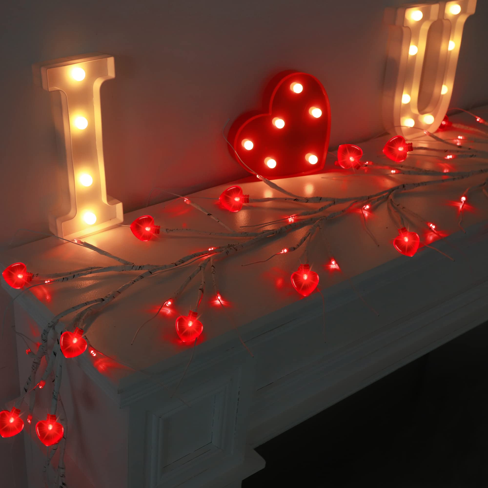 Mosoan 5FT Valentines Day Willow Vine with Red Heart Lights, 45 LED Battery Operated, 8 Modes Romantic Decor for Home and Table