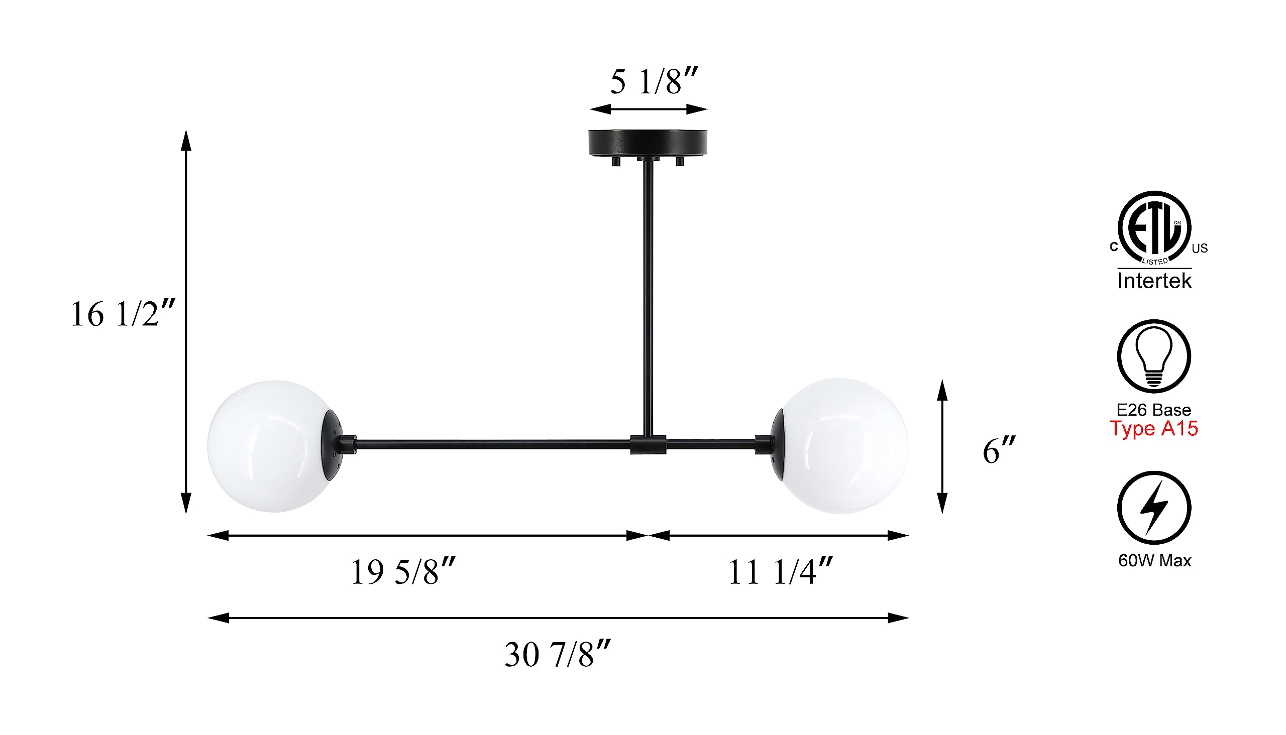 Xinbei Lighting Semi Flush Light, 2 Light Globe Semi Flush Mount Ceiling Light, Black Bedroom Close To Ceiling Light Xb-Sf1211-2