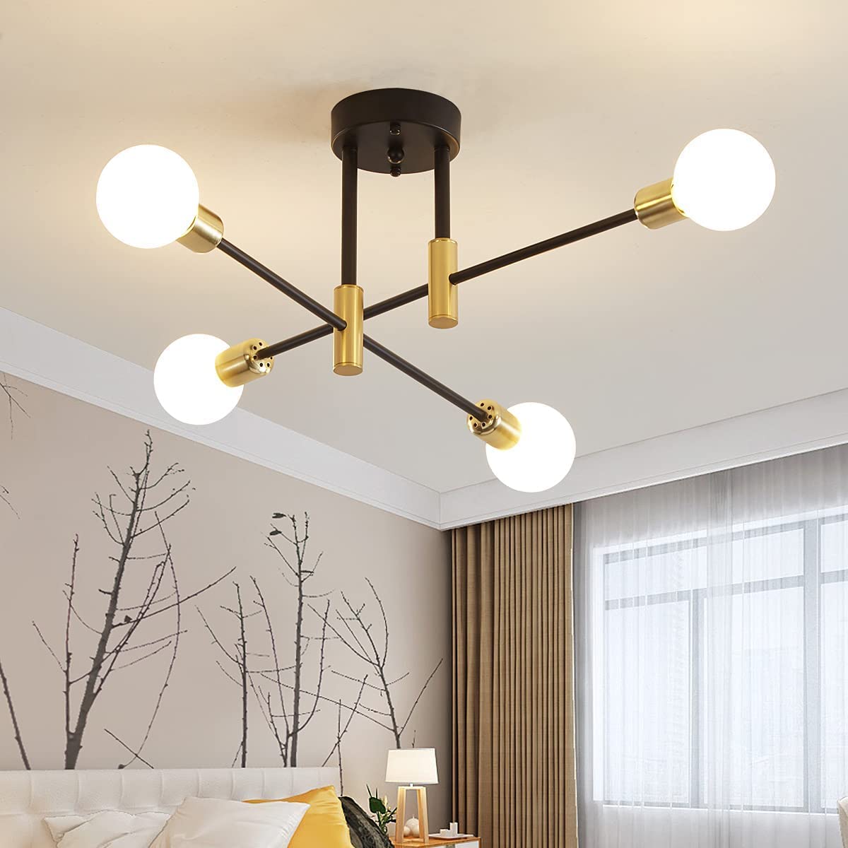 Biewalk Sputnik Chandelier Mid Century Modern Nordic Pendant Lighting 4 Lights Ceiling Light Fixture Black Light For Living Room, Kitchen, Bedroom, Dining Room