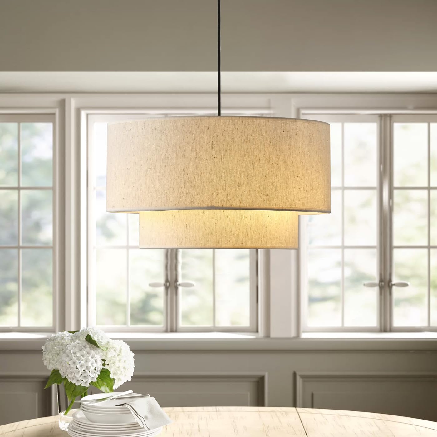 Aiwen Farmhouse Pendant Light - 20" 3-Light Off-White Drum Chandelier, Linen Lampshade, Model PAD-WH002 for Living Room, Kitchen, Dining Room