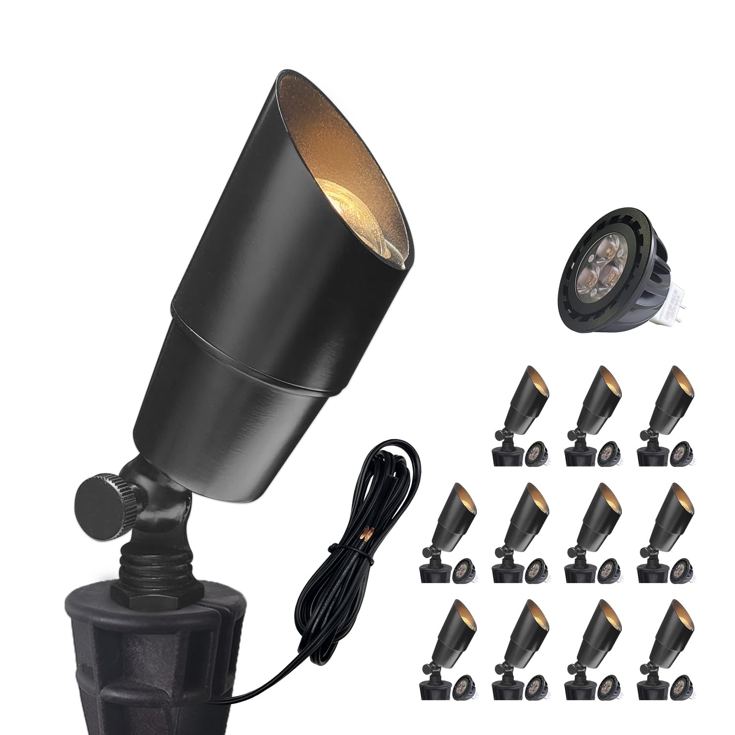 COLOER Brass Low Voltage Landscape Spotlight(Black) 12-Pack with 5W Aluminum Housing MR16 LED Bulb 2700K 450LM CRI85+,12V AC/DC 