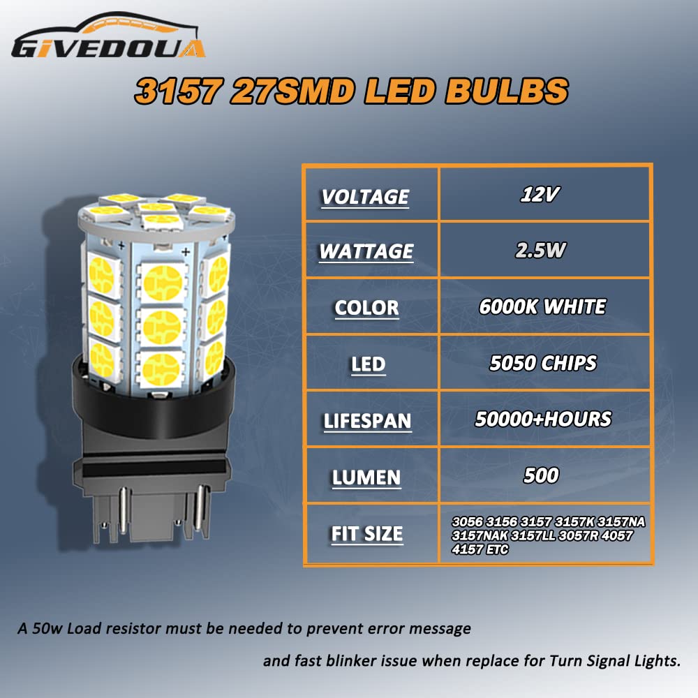 GIVEDOUA 3157 LED Bulb for Brake, Backup, Tail Lights - Super Bright, 12V, White, Pack of 4