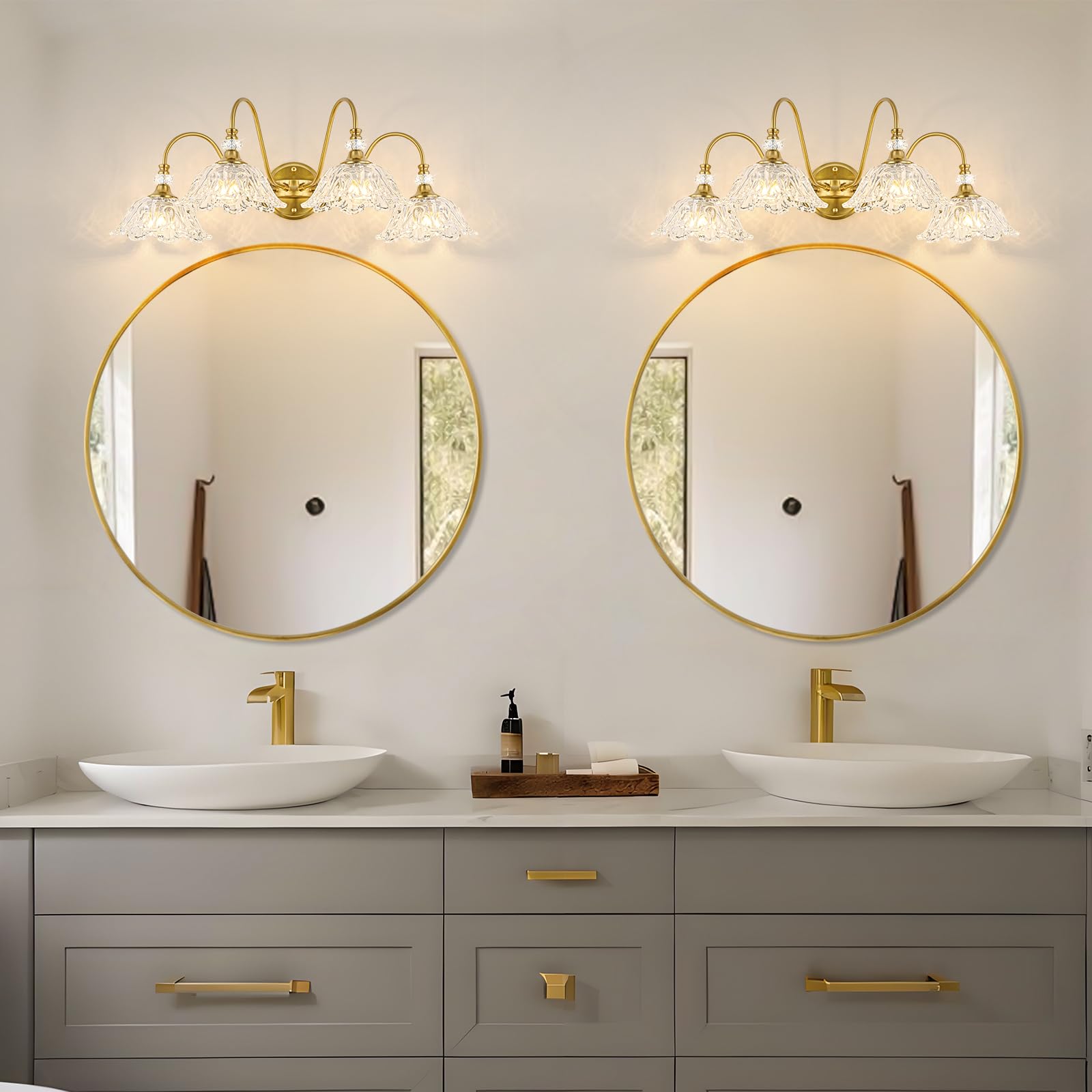 sunkryster 4-Light Gold Bathroom Vanity Light, Floral Glass Shades, Metal, Model Sun-104AB-4-Gold