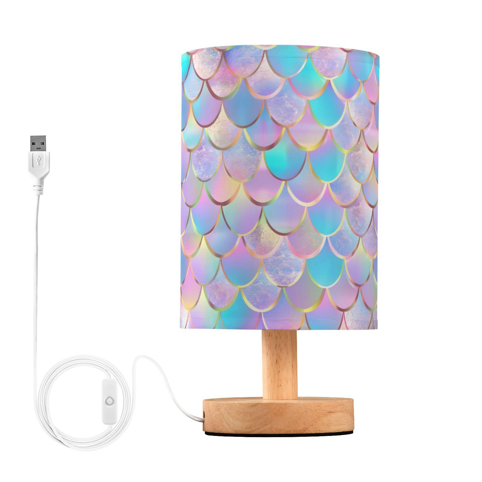 ALAZA Table Lamp with USB Port Bedside Lamp Rainbow Iridescent Mermaid Scales Small Nightstand Lamp Desk Lamp for Kids Room Bedr