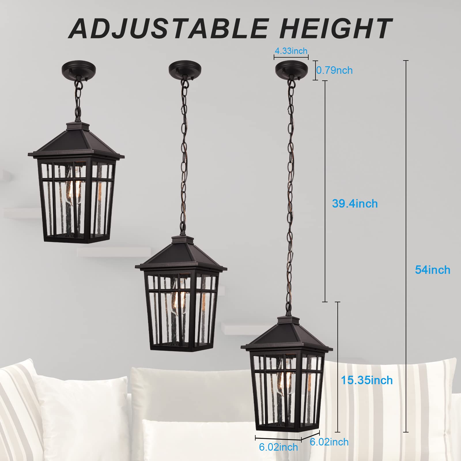 Darkaway Outdoor Pendant Light Fixture, 16in Aluminum, Anti-Rust, Waterproof, Black, Large, Model 6X16H-M BK