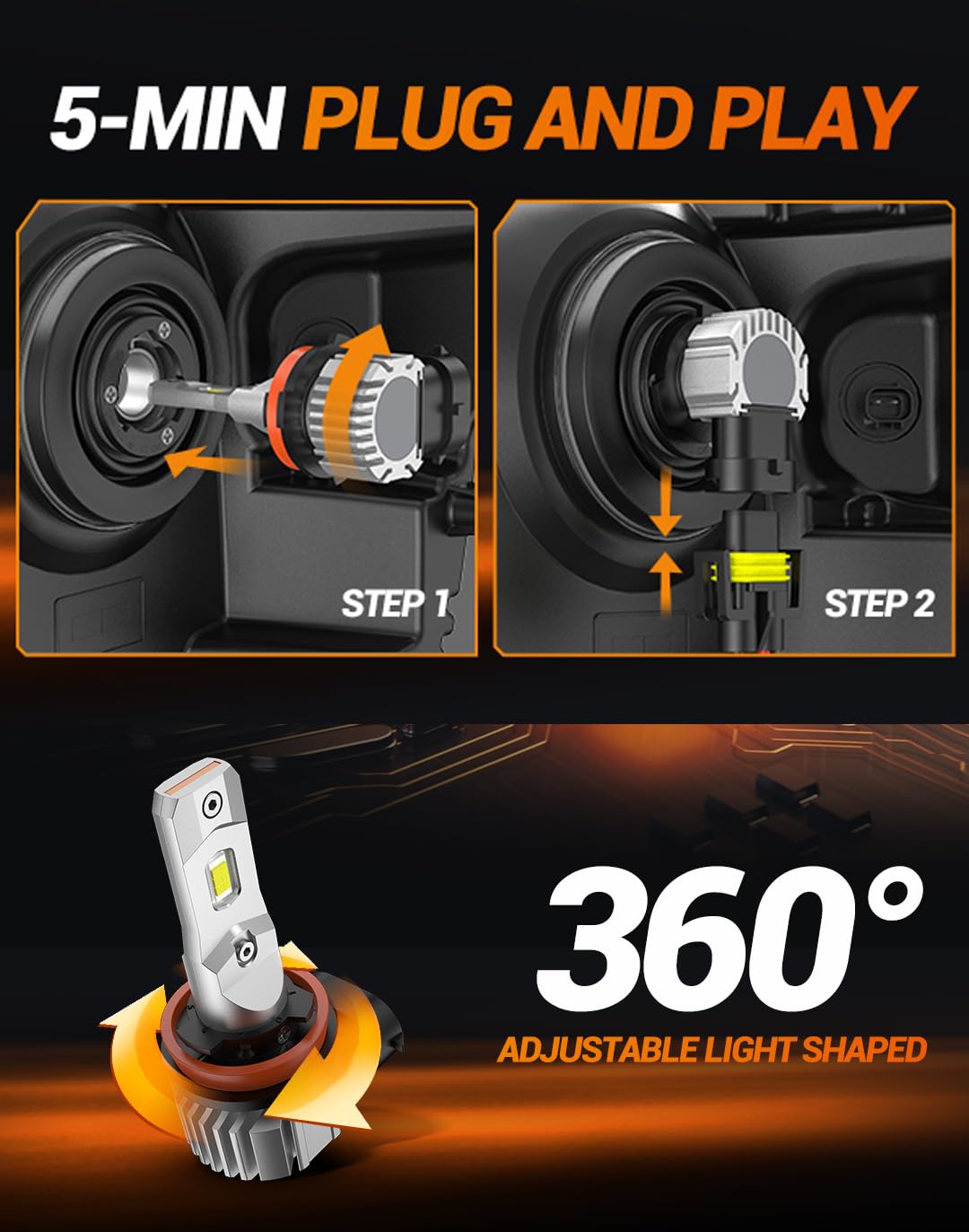 SEALIGHT H11 LED Fog Light Bulbs, 34000LM, 6500K Cool White, IP68 Waterproof, Adjustable Ring, Pack of 2