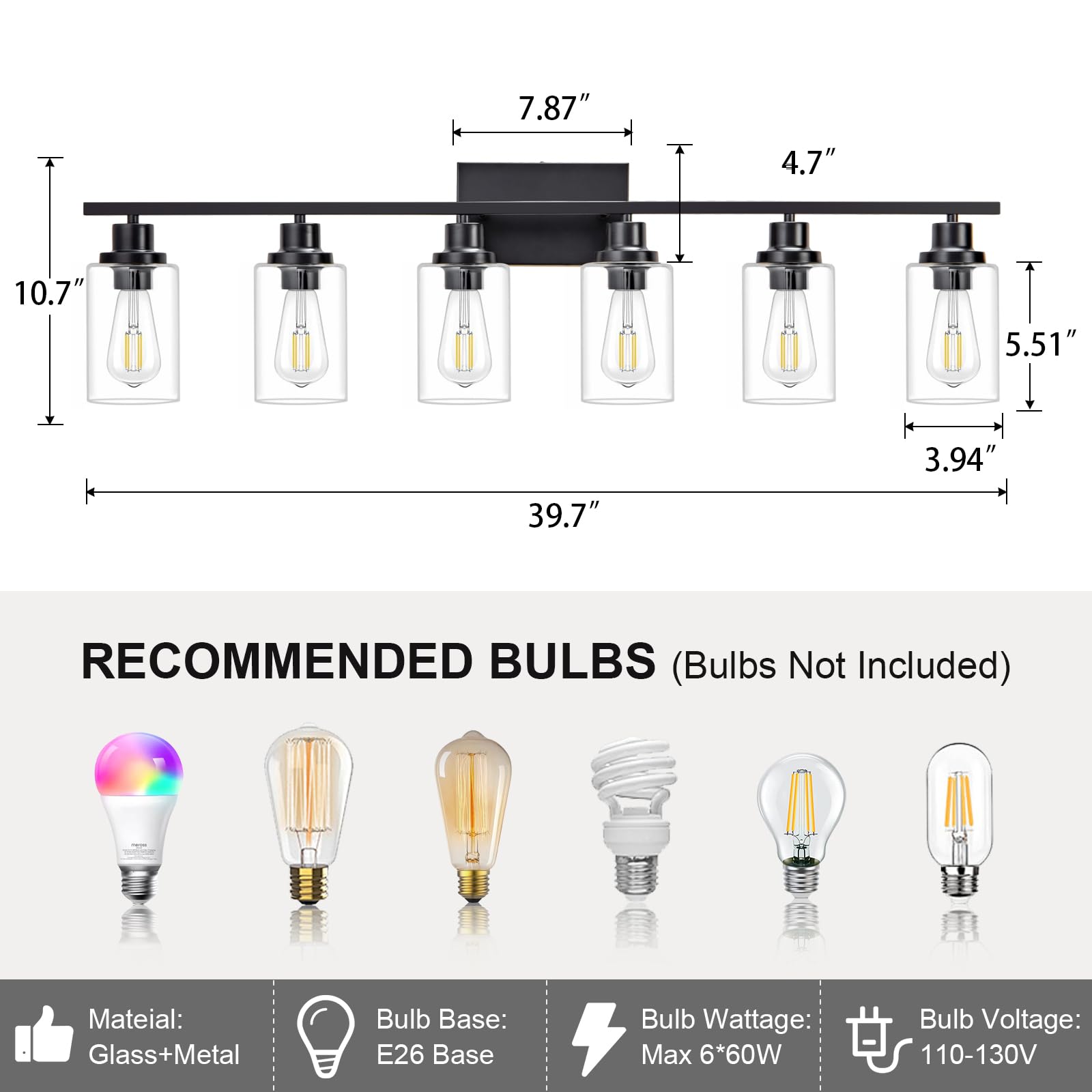HCCZ 6 Light Bathroom Light Fixture - Black Vanity Sconce with Glass Shade, Modern Farmhouse Design, E26 Socket, Model 800-100-1086