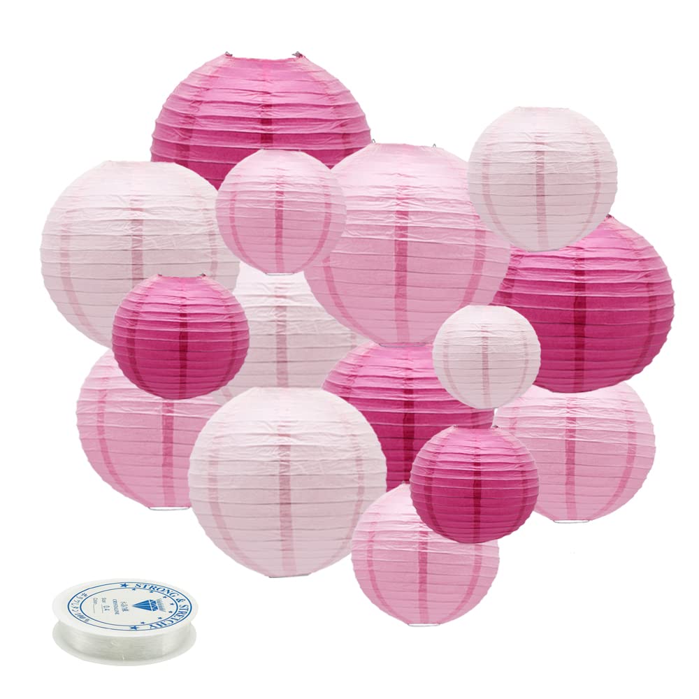 Meiduo 15Pcs Pink Chinese Paper Lanterns For Wedding, Birthday, Valentine'S Day Decor