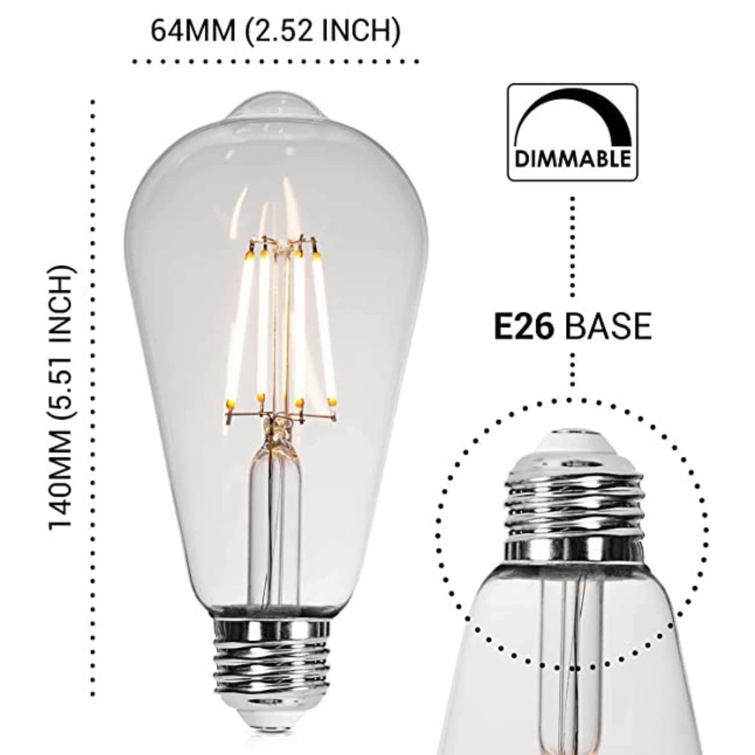 Basics Hardware LED Edison Light Bulbs - Dimmable Bulb, ST64 Vintage Style Decorative Lamp 2700k - Lasts 30k+ Hours, 60W, 110V,