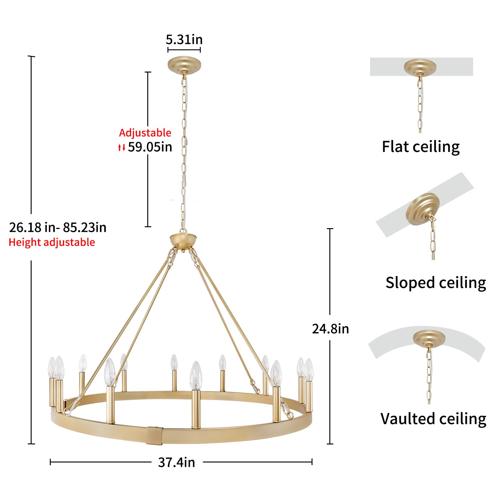 Rviezza Gold Wagon Wheel Chandelier 37.4 Inch, 12-Light Large Round Industrial Gold Farmhouse Chandeliers For High Ceilings Dini