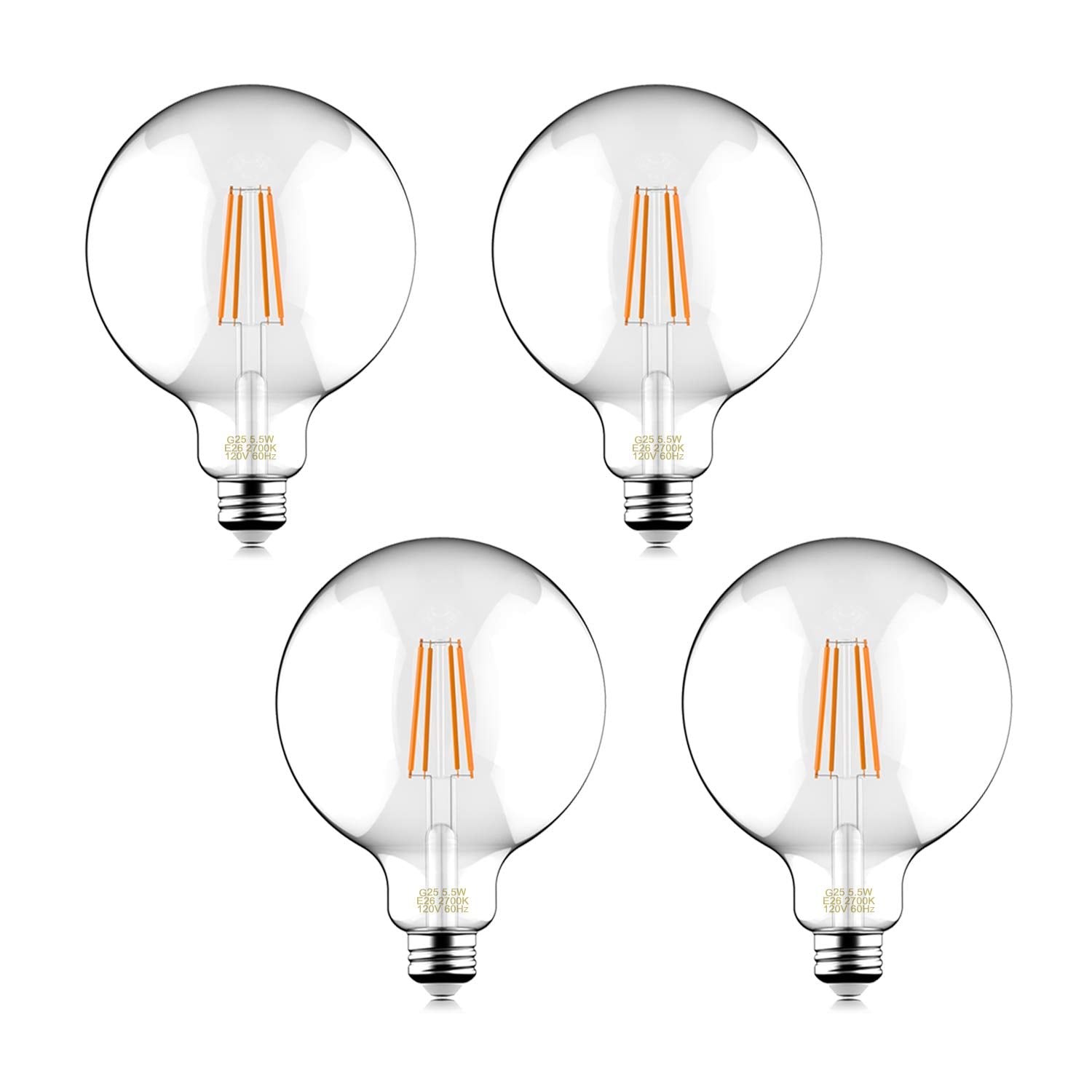 Helloify Vintage LED Edison Bulbs, 60W Equivalent, Dimmable, 500 Lumens, Clear Glass, G25, Soft White 2700K, Pack of 4