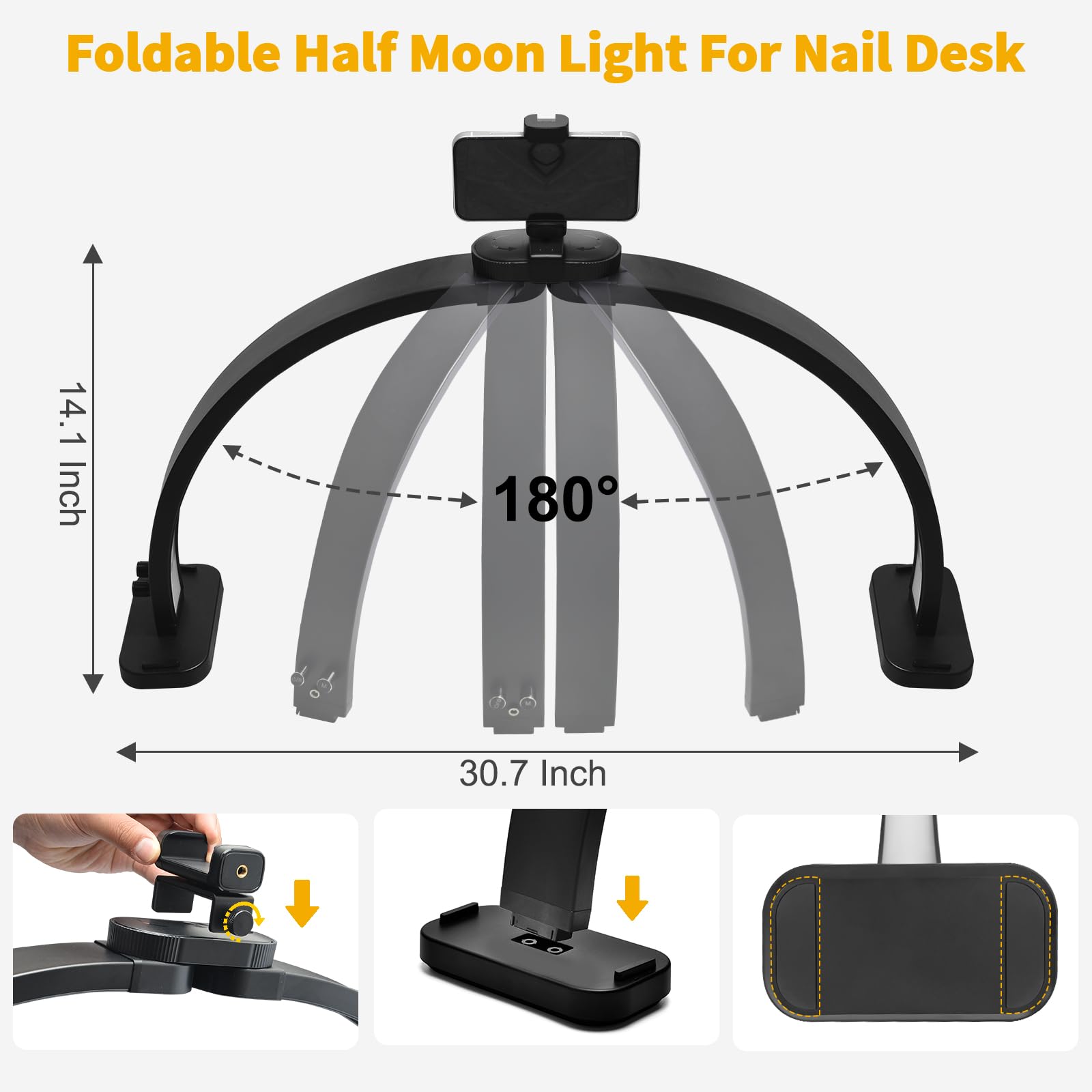 Cgbe Nail Half Moon Light: Extra Large 30.7'' Half Moon Light For Nail Desk With Phone Holder - 3 Color Modes & 10 Brightness Na