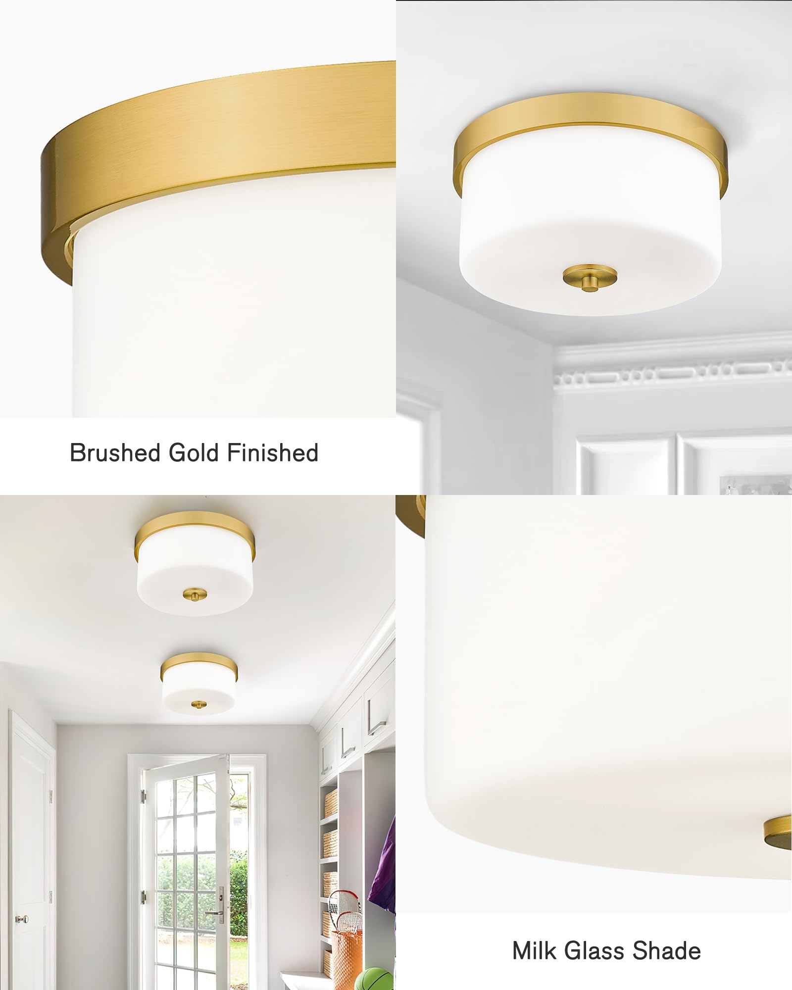 Emak 11&quot; Brushed Gold Flush Mount Ceiling Light Fixture With Milk Glass Shades - 2-Light