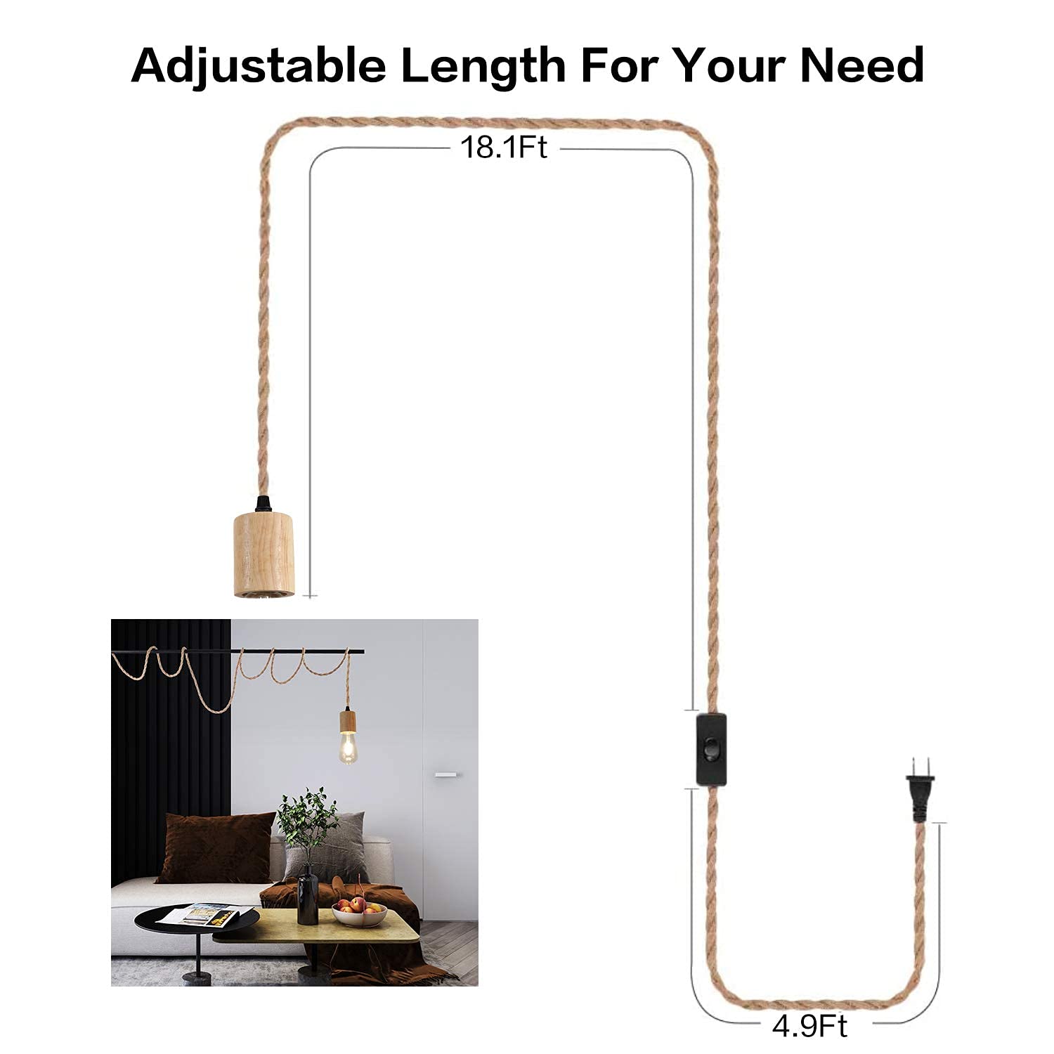 Arturesthome Wood Pendant Light Cord Kit With Switch, 23Ft Vintage Industrial Hanging Light Plug In Lamp Cord With Twisted Nylon
