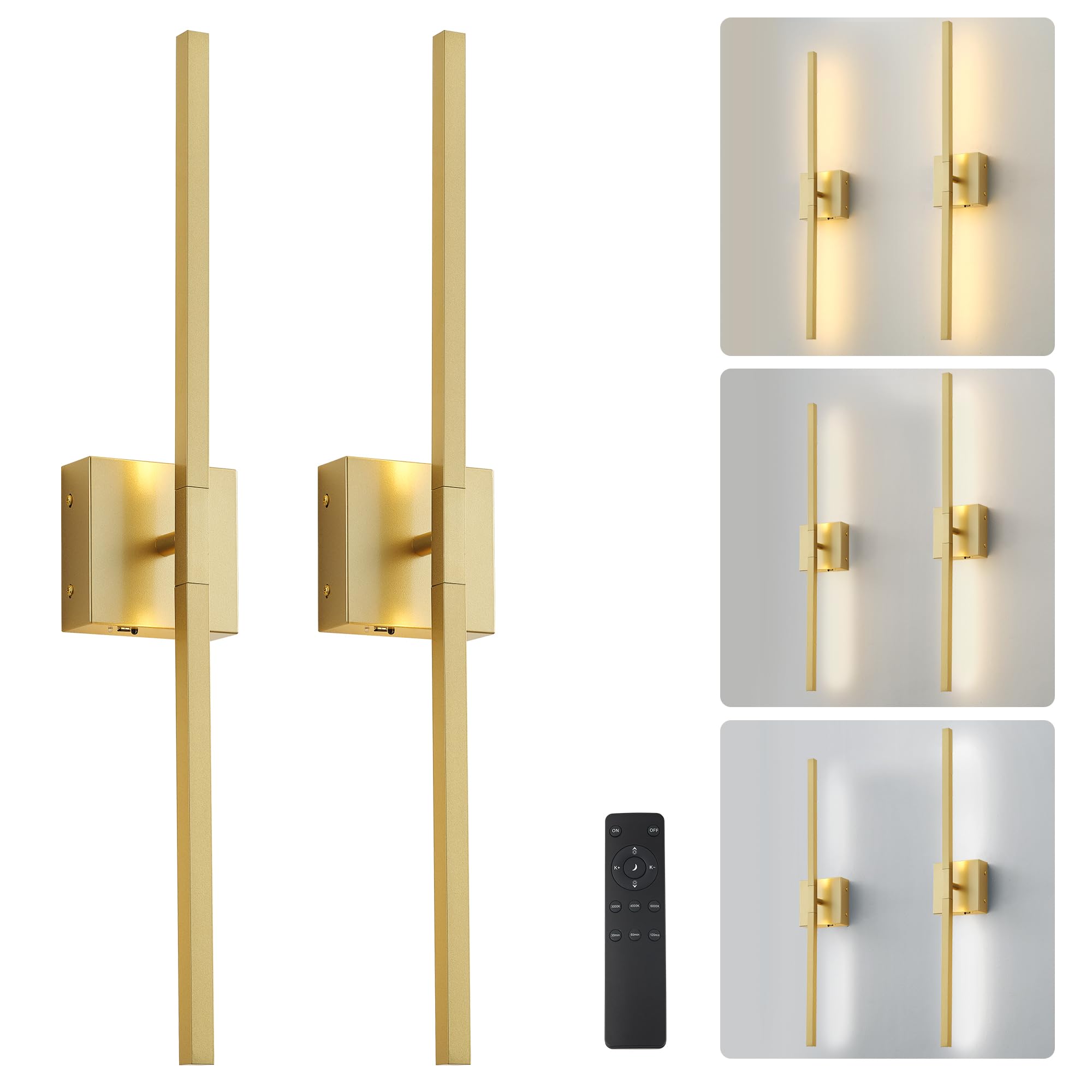 Kartoosh Battery Operated Rotatable Modern Wall Sconces Set Of Two, With Remote Control, 360Rotation & Adjustable Color & Bright