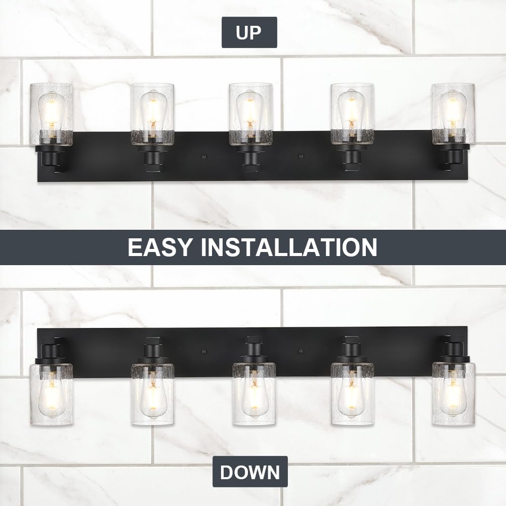 Winshen 5-Lights Farmhouse Bathroom Vanity Light In Black Finish Wall Mount Lighting Fixtures With Seeded Glass For Mirror Cabin