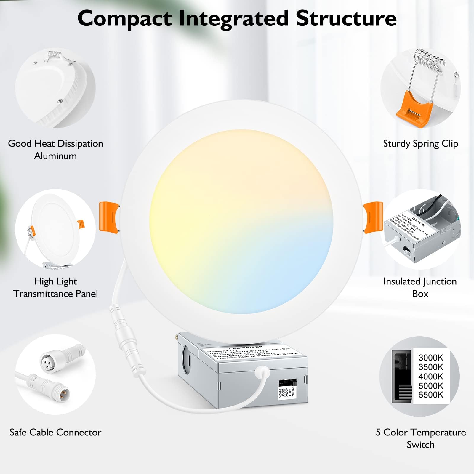 Beslowe 16 Packs 6 Inch 5Cct Led Recessed Ceiling Lights Ultra-Thin With Junction Box, 12W 150W Eqv, 3000K/3500K/4000K/5000K/650