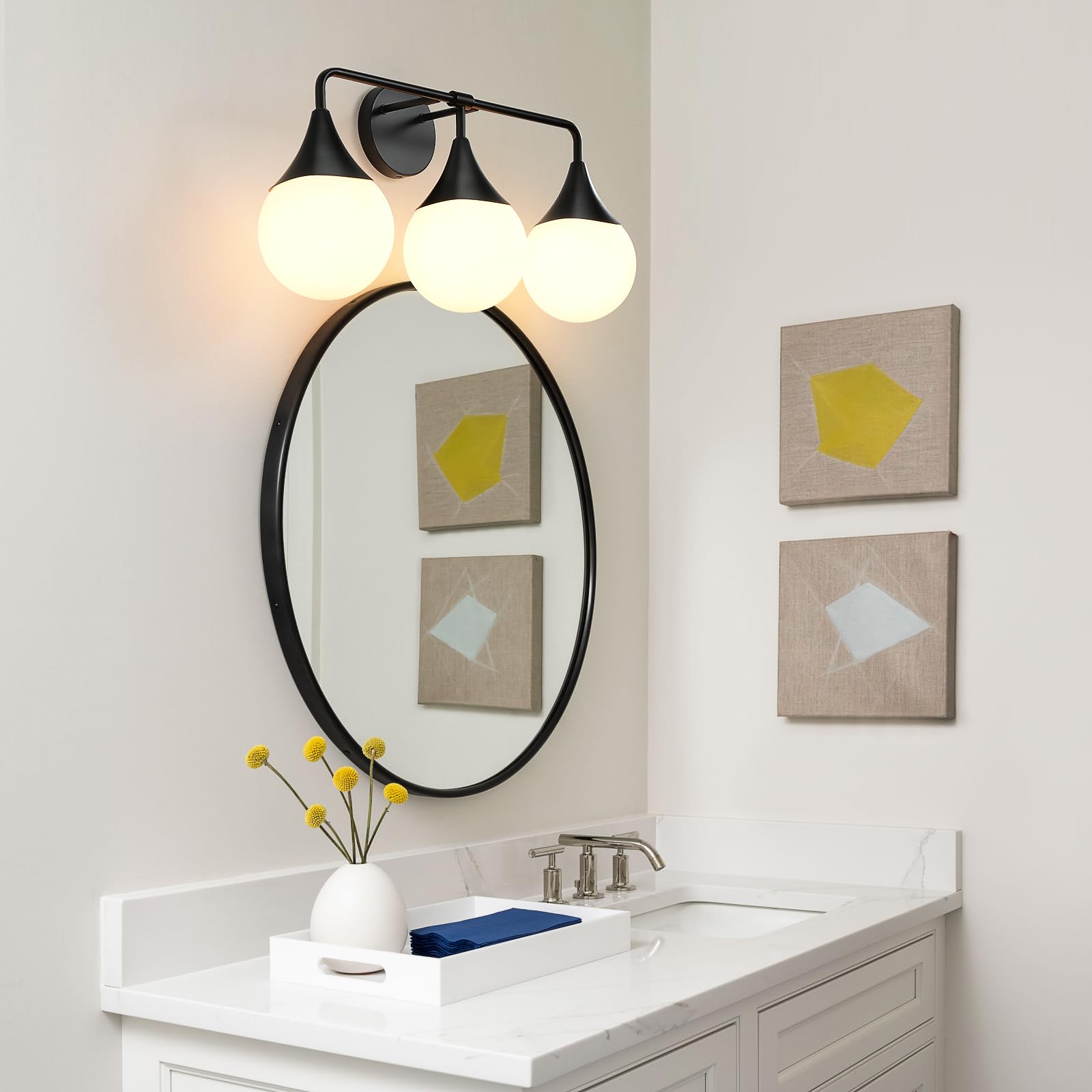 HAHZT 3-Light Bathroom Vanity Light Fixtures - Mid Century Modern Matte Black Wall Sconce with Milky White Globe Glass - Model 8089ML