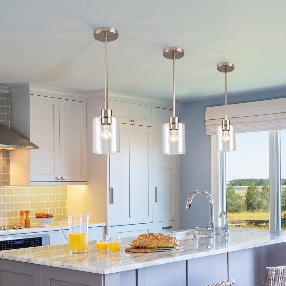 KLSS Brushed Nickel Pendant Lights, Modern Farmhouse Mini Hanging Light, Adjustable Height, Glass, 2 Pack, Model ddftgx