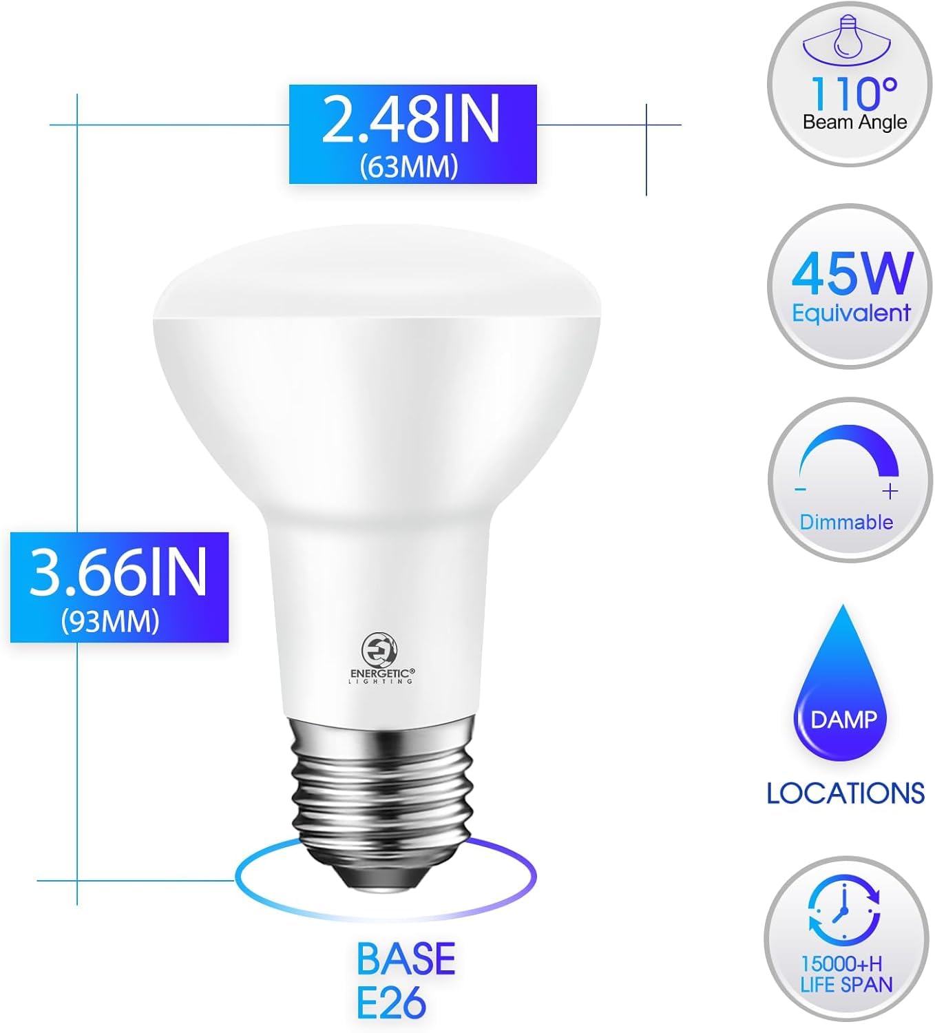 Energetic Br20 Led Bulb R20 Dimmable 2700K Soft White 45W Equivalent To 6.5W, Recessed Can Light Bulbs, Kitchen Ceiling Lights,